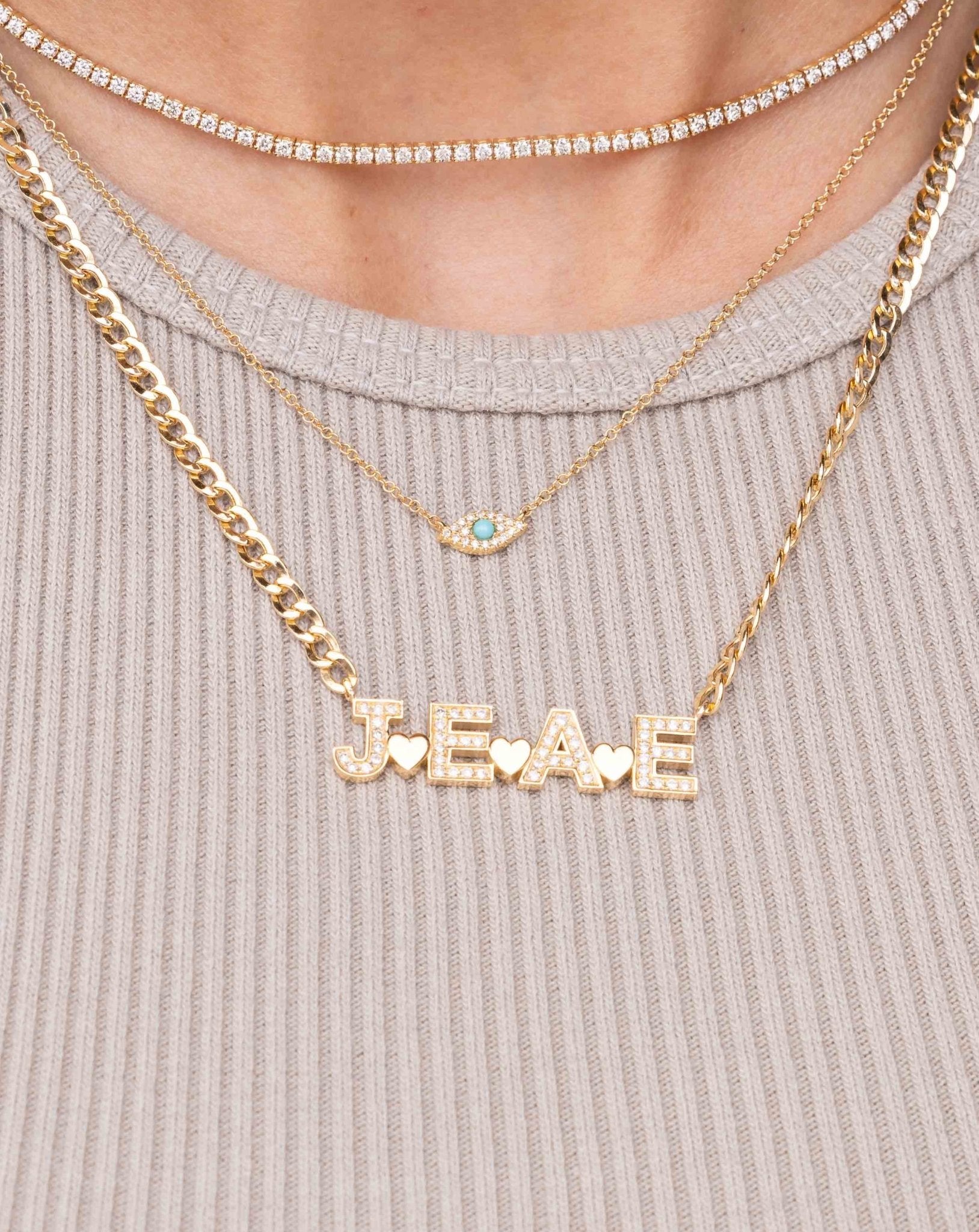Diamond Custom with Solid Gold Heart Curb Chain Necklace - Sparkle Society
