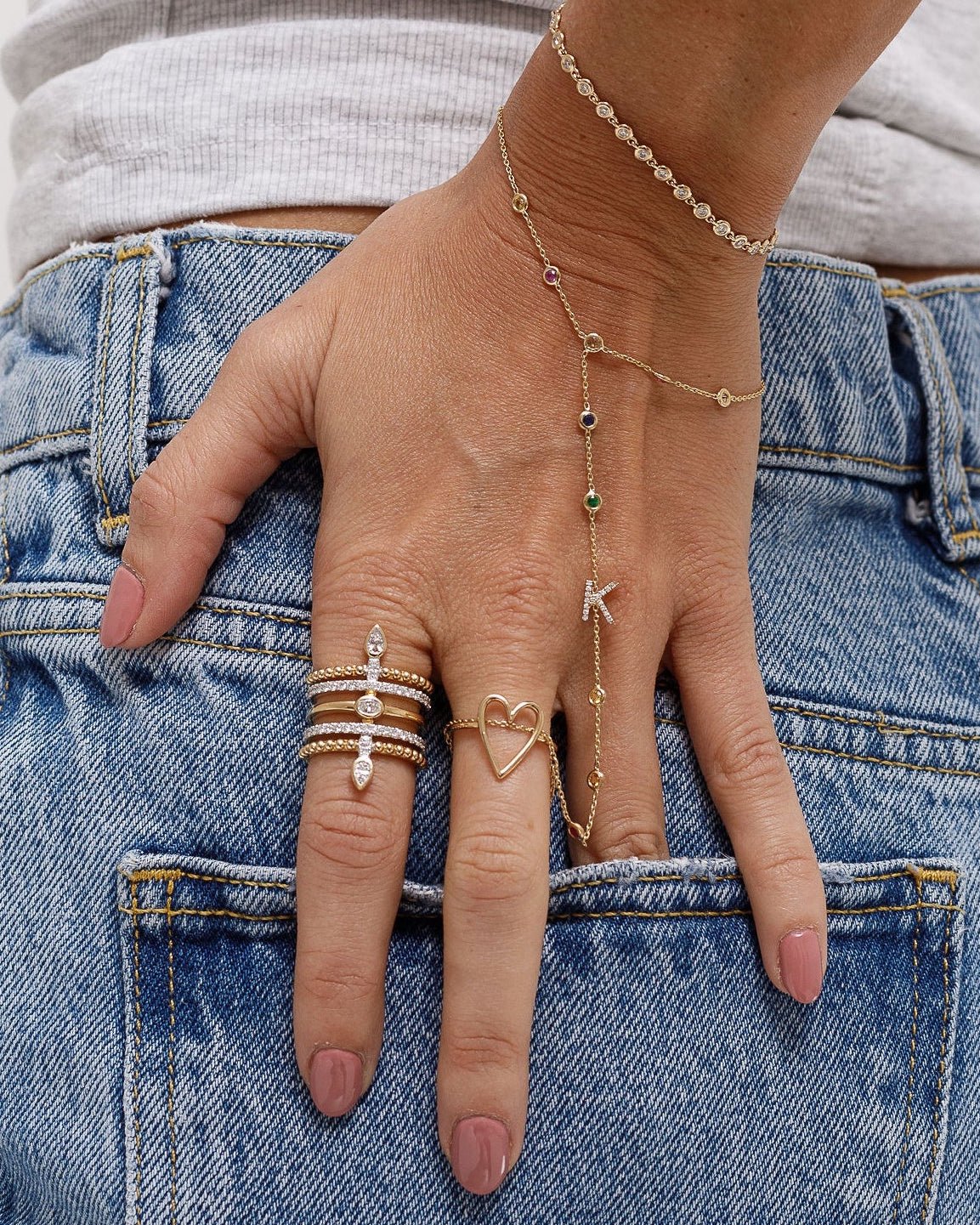 Diamond Initial Rainbow Hand Chain Bracelet - Sparkle Society