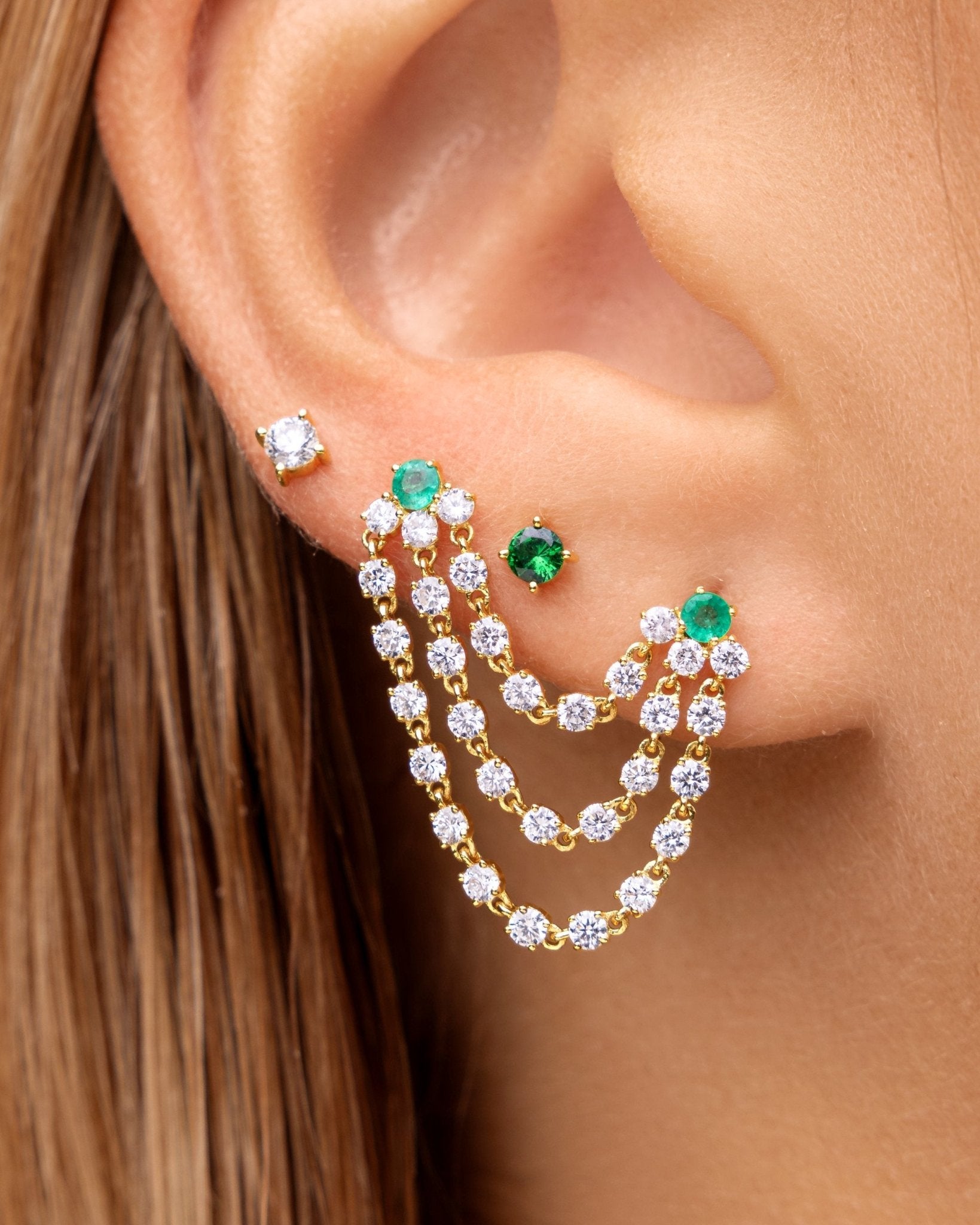 Emerald Triple Diamond Chain Drop Earrings - Sparkle Society