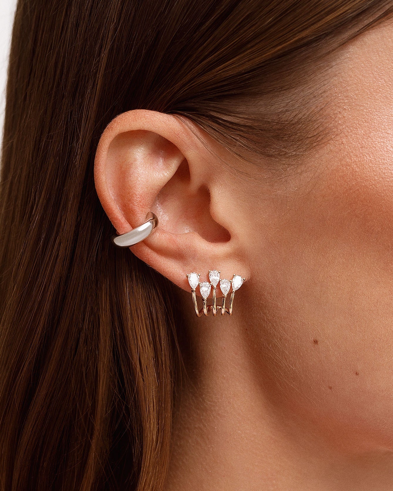 Five Row Pear Diamond Gold Caged Studs - Sparkle Society