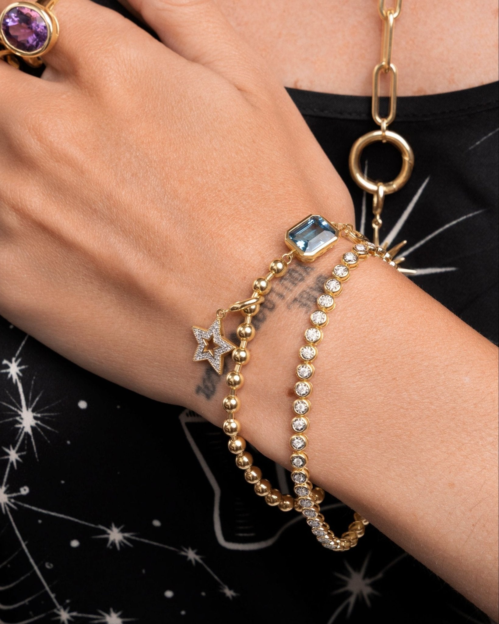 Gemstone Bezel and Diamond Star Bead Chain Bracelet - Sparkle Society
