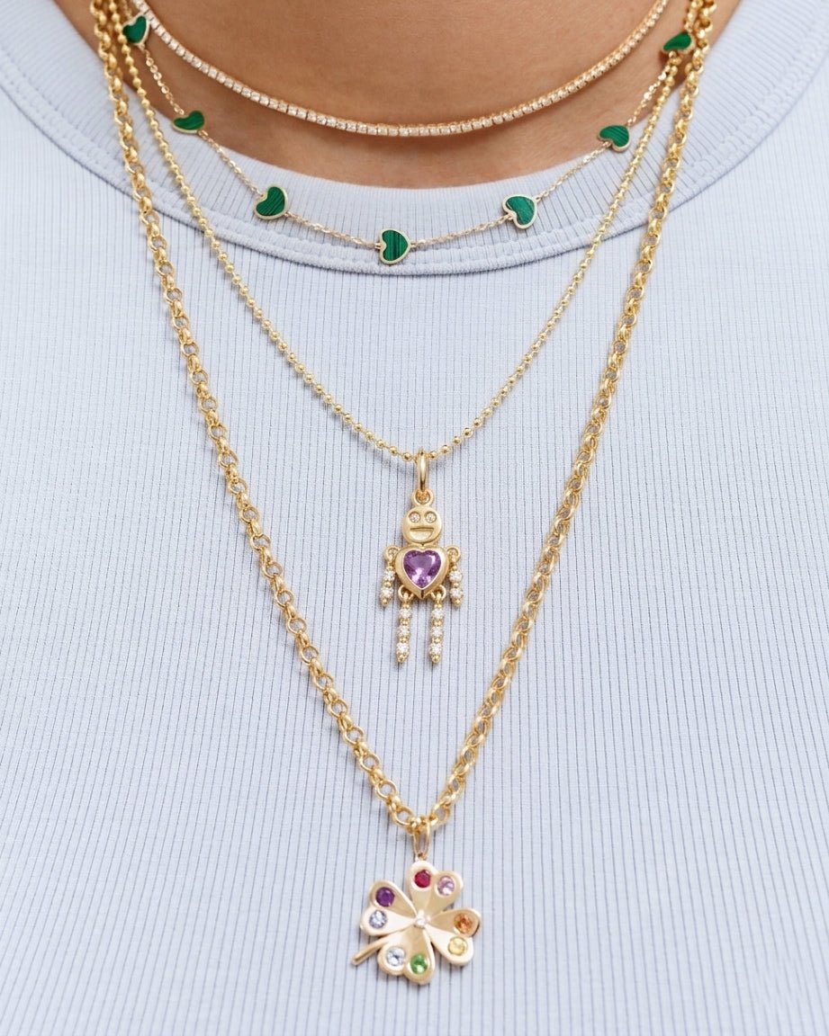 Gemstone Heart Smiley Face Gold Robot Charm - Sparkle Society