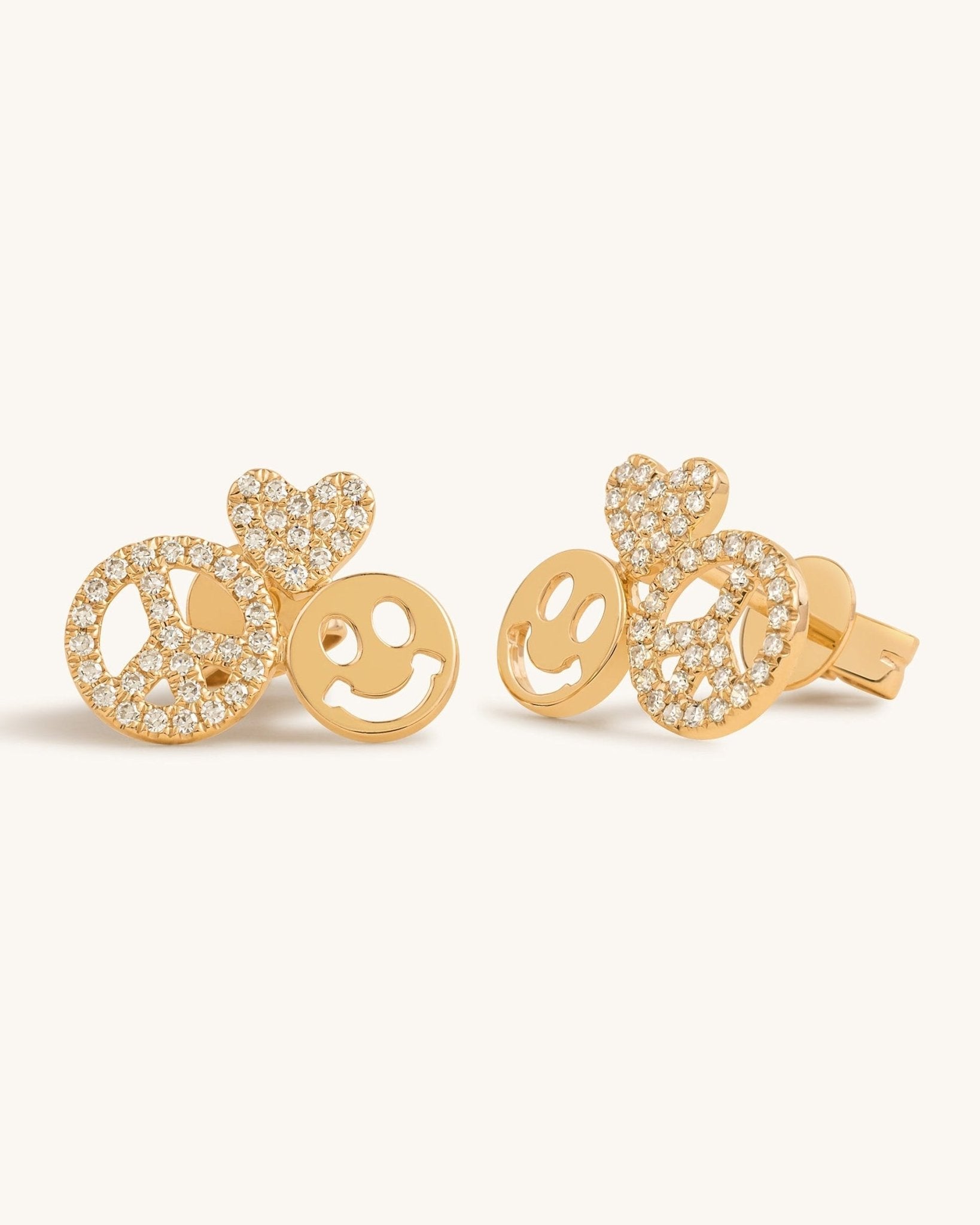 Gold And Diamond Heart Happy Peace Studs - Sparkle Society