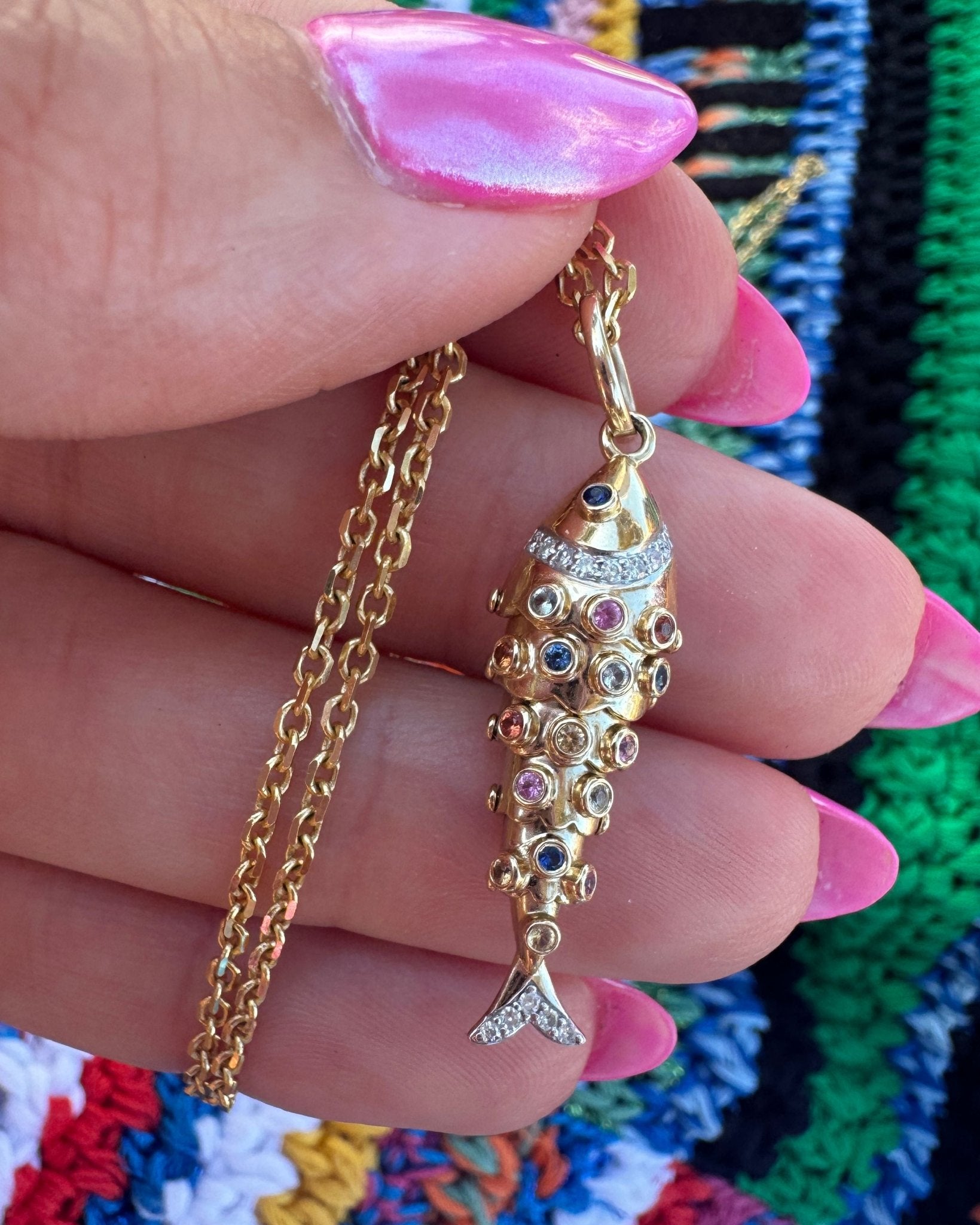 Multi Gemstone Gold Fish Necklace Charm - Sparkle Society