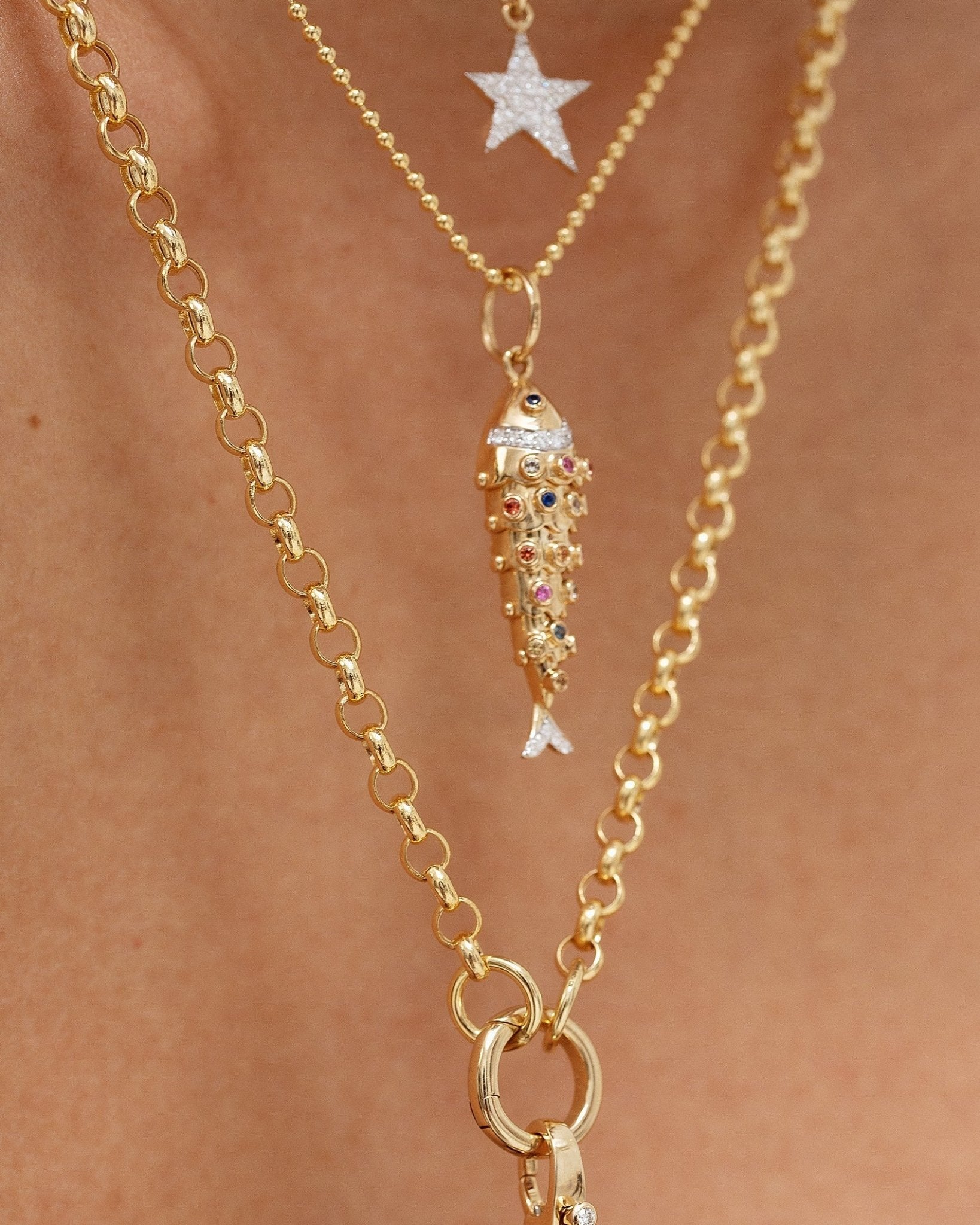 Multi Gemstone Gold Fish Necklace Charm - Sparkle Society