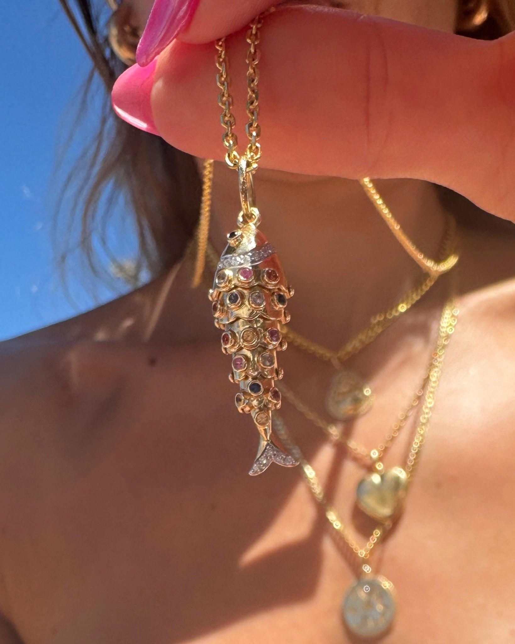 Multi Gemstone Gold Fish Necklace Charm - Sparkle Society