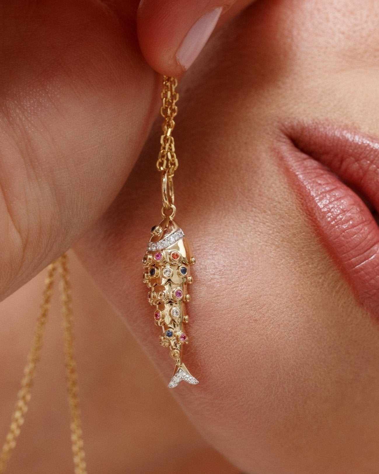 Multi Gemstone Gold Fish Necklace Charm - Sparkle Society