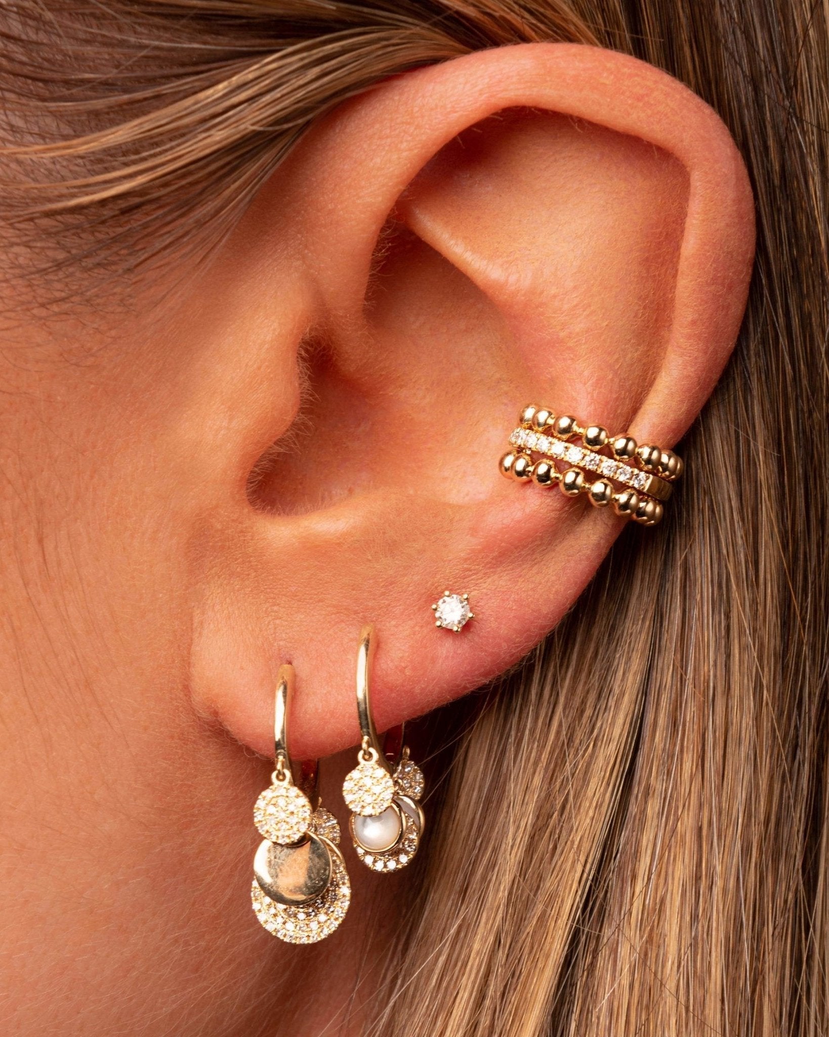 Pave Disc And Gemstone Dangling Huggies - Sparkle Society