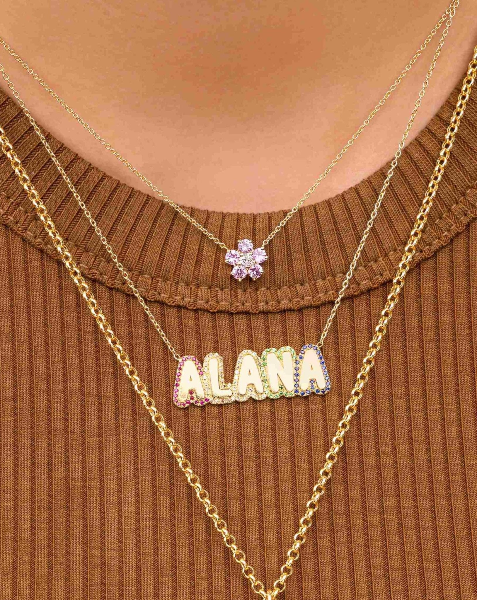 Rainbow Outline Bubble Font Name Necklace - Sparkle Society