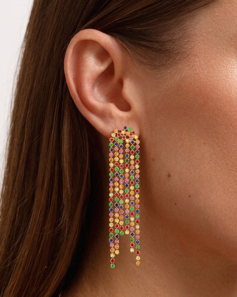 Rainbow Prong Tennis Triple Drop Earrings - Sparkle Society