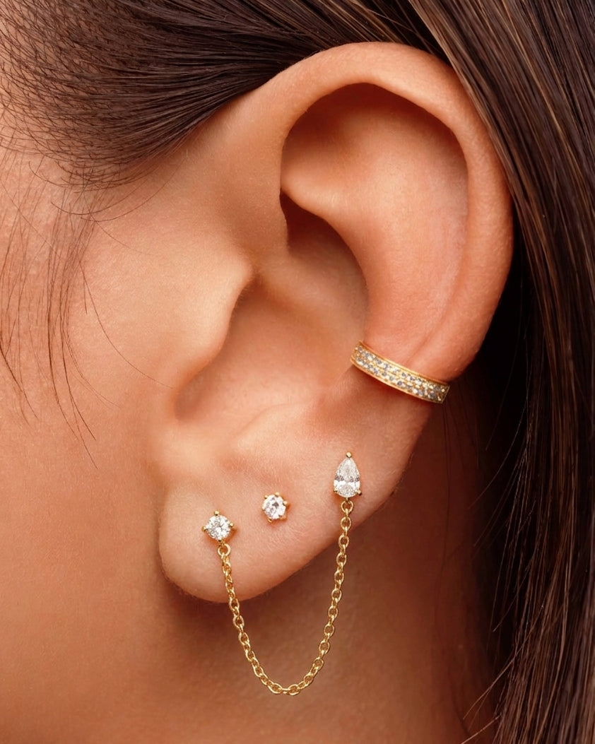 Round and Pear Diamond Prong Chain Drop Earrings - Sparkle Society