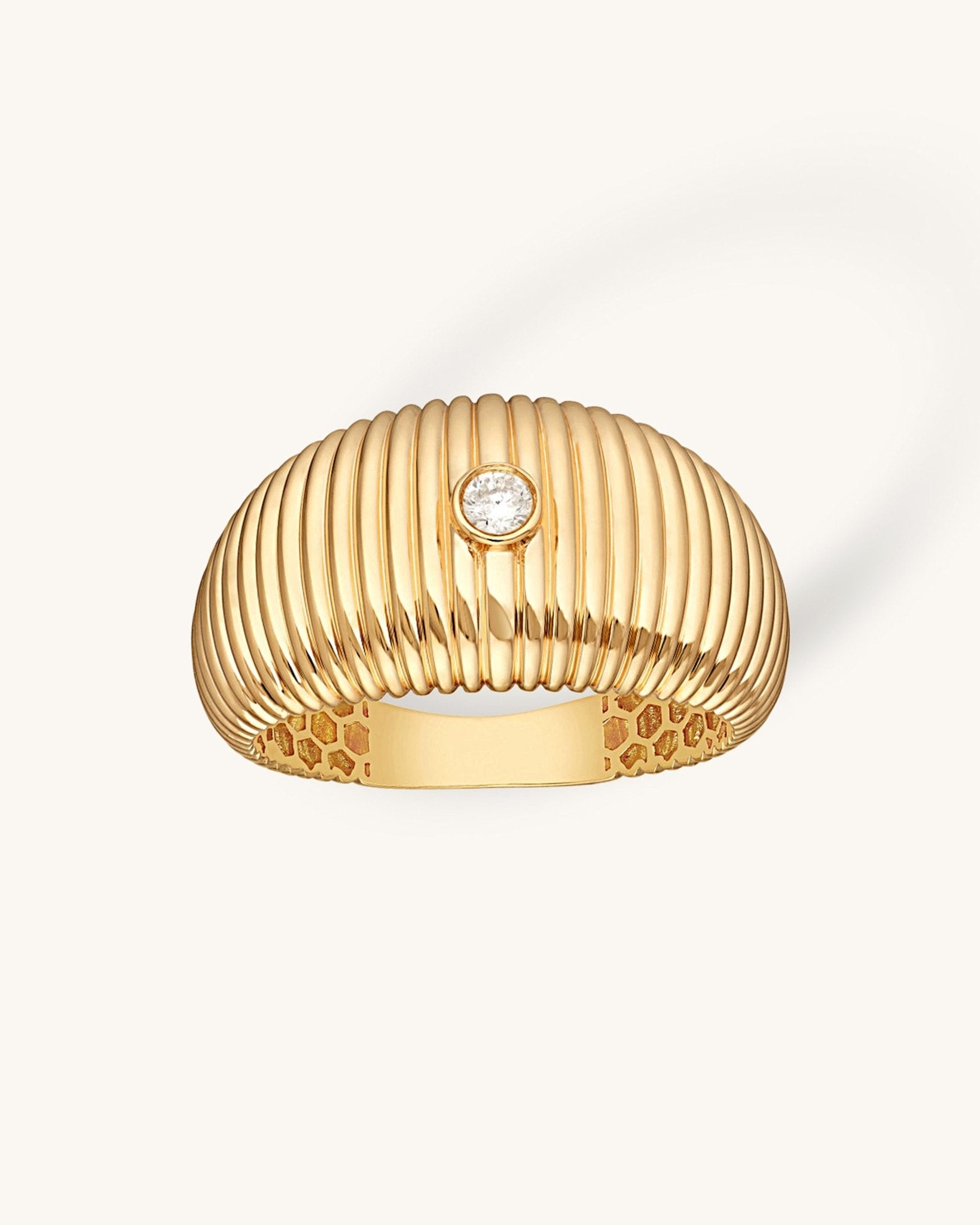 Single Diamond Gold Ribbed Dome Ring - Sparkle Society