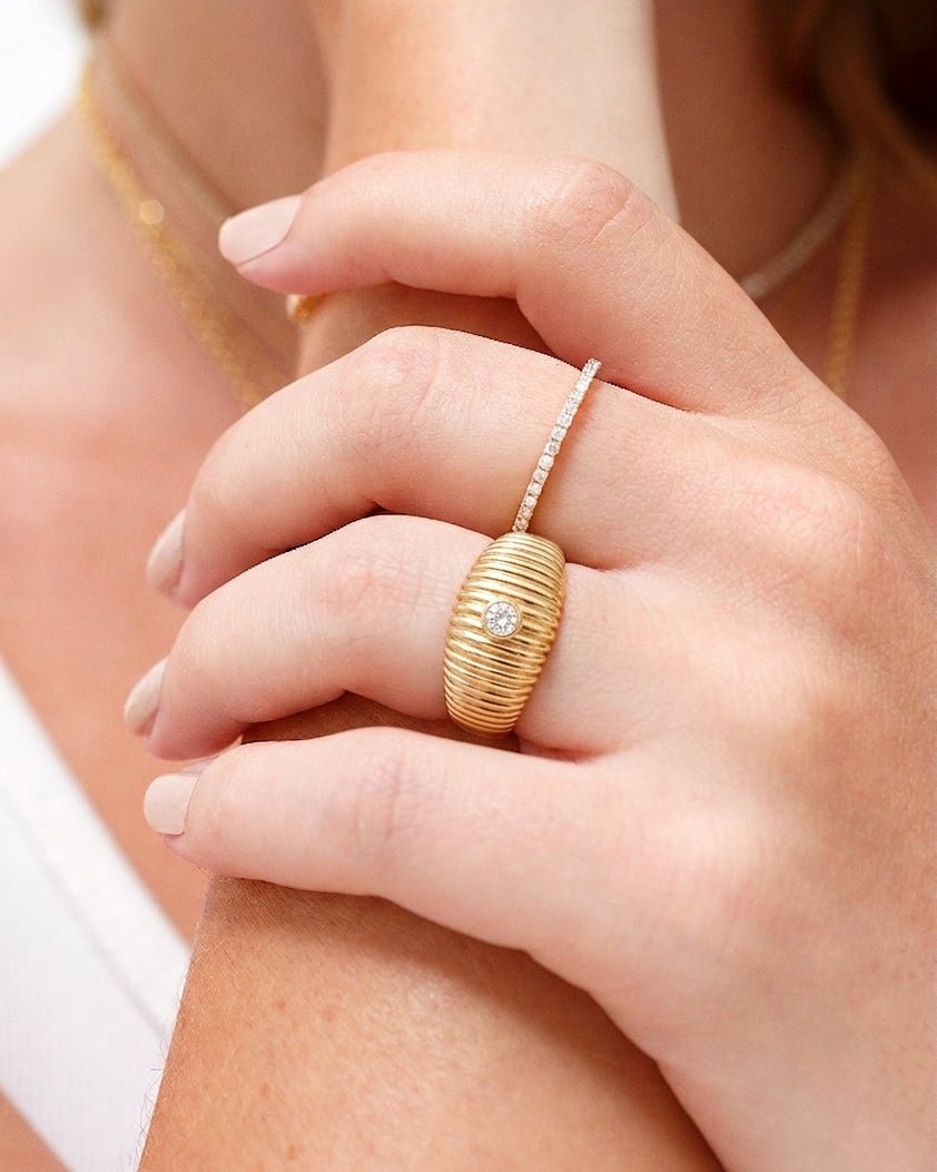 Single Diamond Gold Ribbed Dome Ring - Sparkle Society