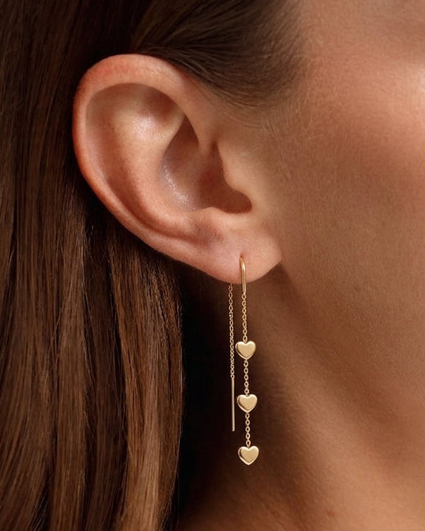 Solid Gold Puffed Heart Waterfall Earrings - Sparkle Society