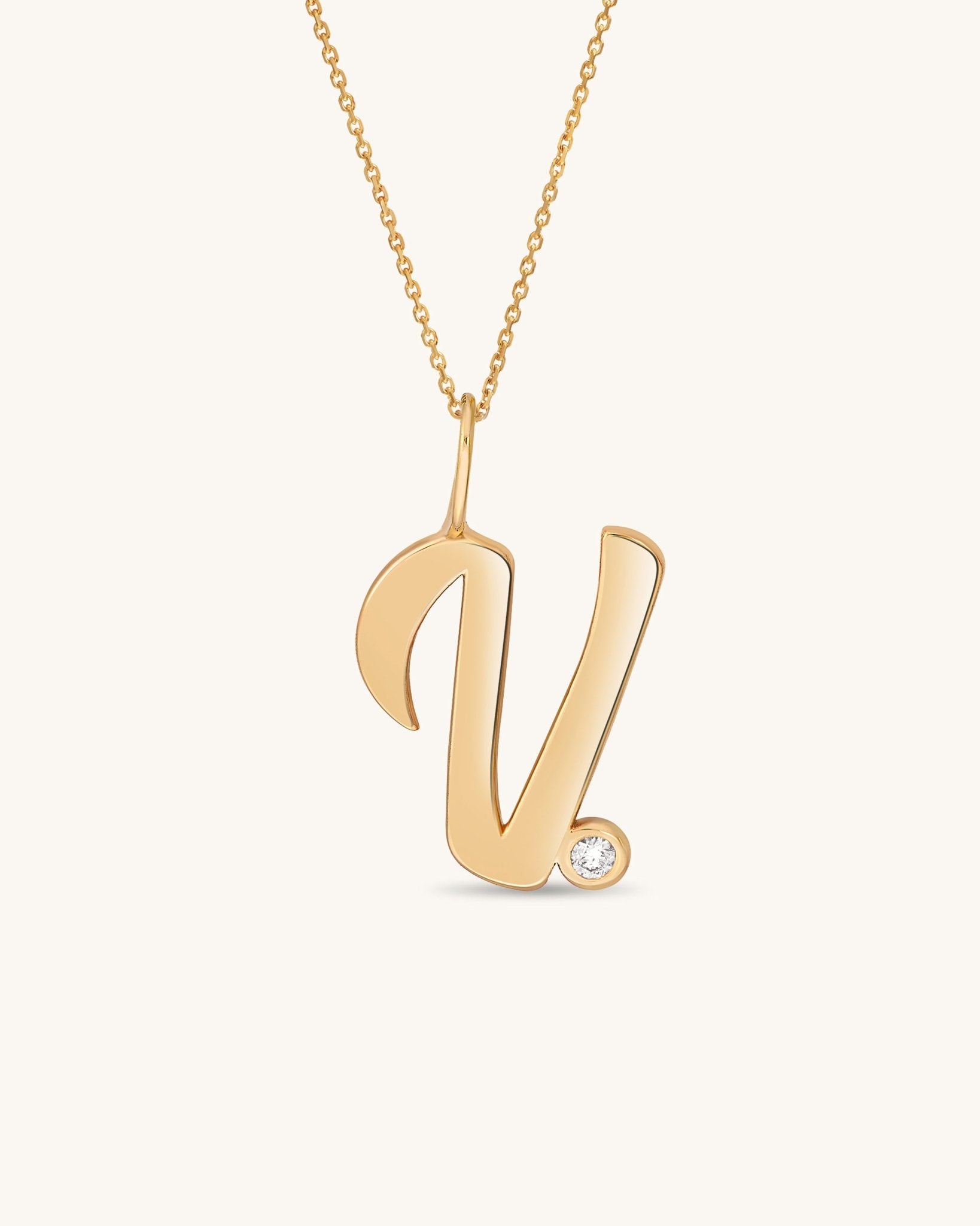 Solid Gold Script Initial & Diamond Bezel Necklace - Sparkle Society