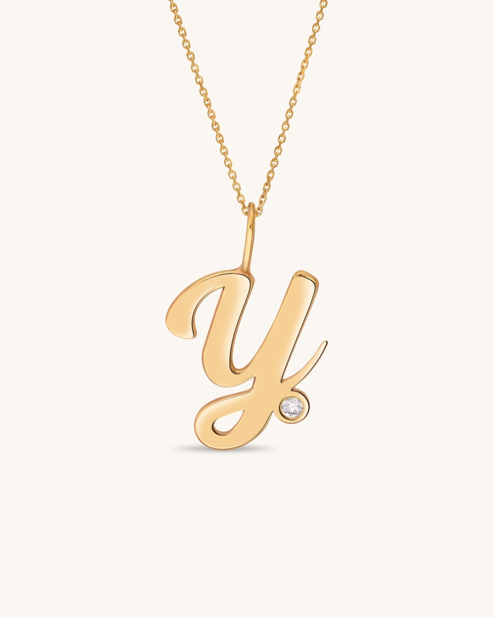 Solid Gold Script Initial & Diamond Bezel Necklace - Sparkle Society