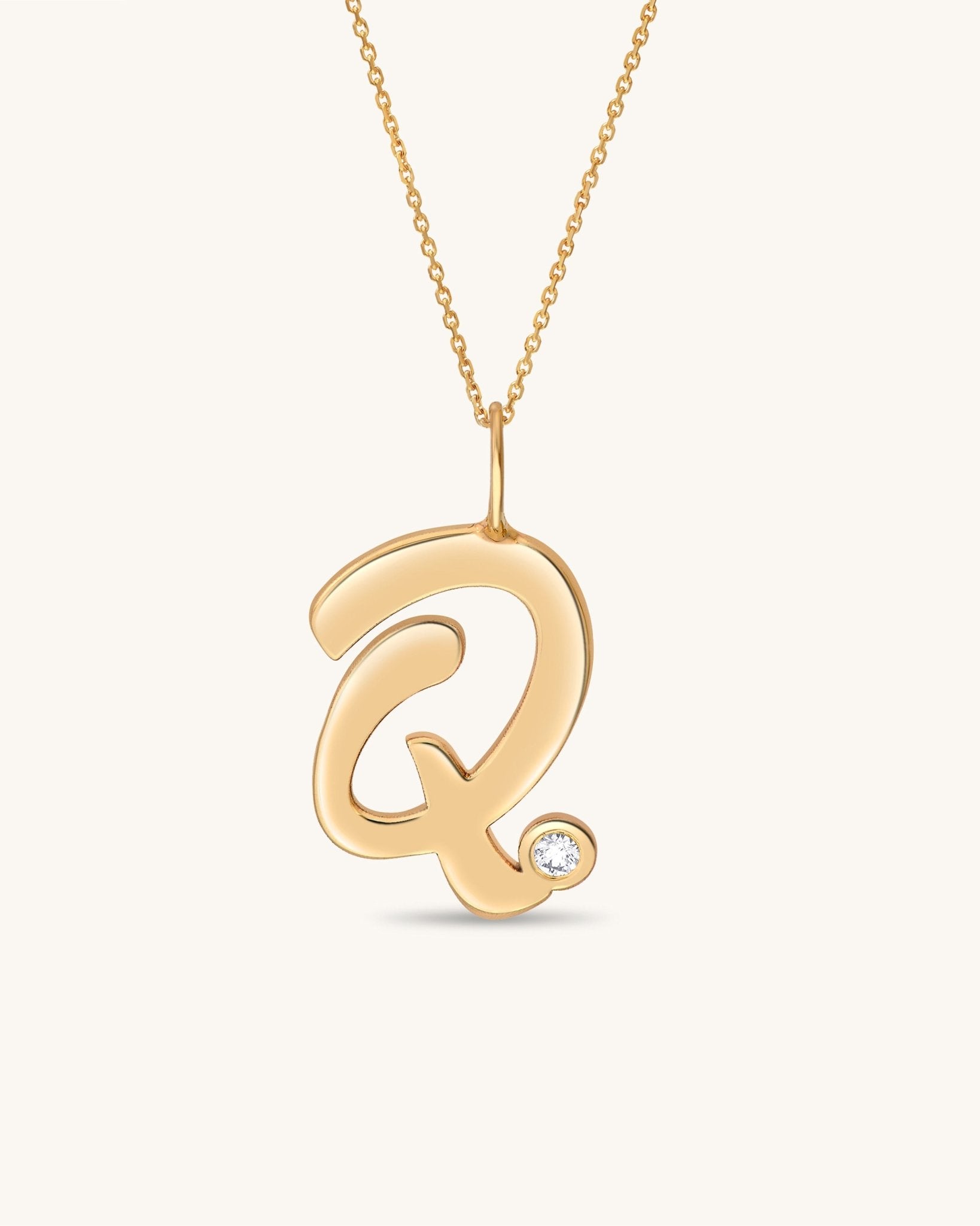 Solid Gold Script Initial & Diamond Bezel Necklace - Sparkle Society