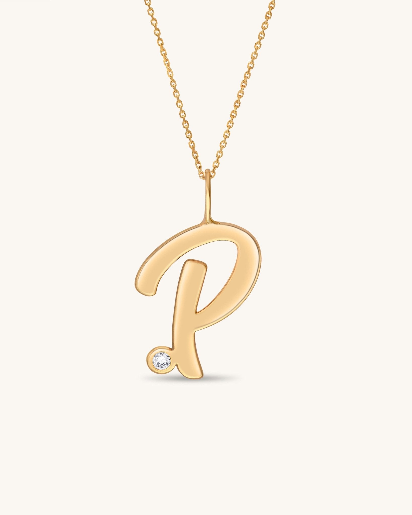 Solid Gold Script Initial & Diamond Bezel Necklace - Sparkle Society
