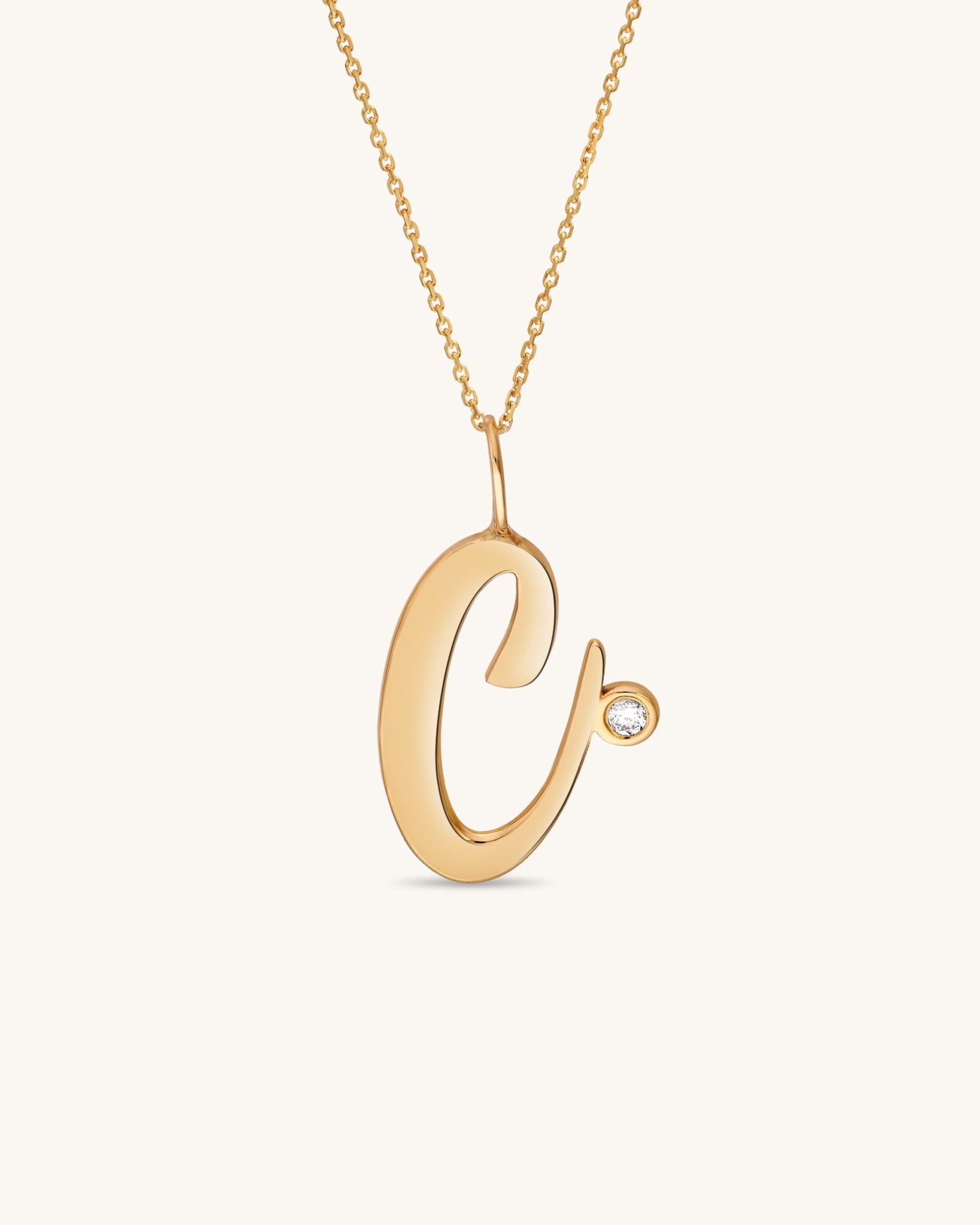 Solid Gold Script Initial & Diamond Bezel Necklace - Sparkle Society