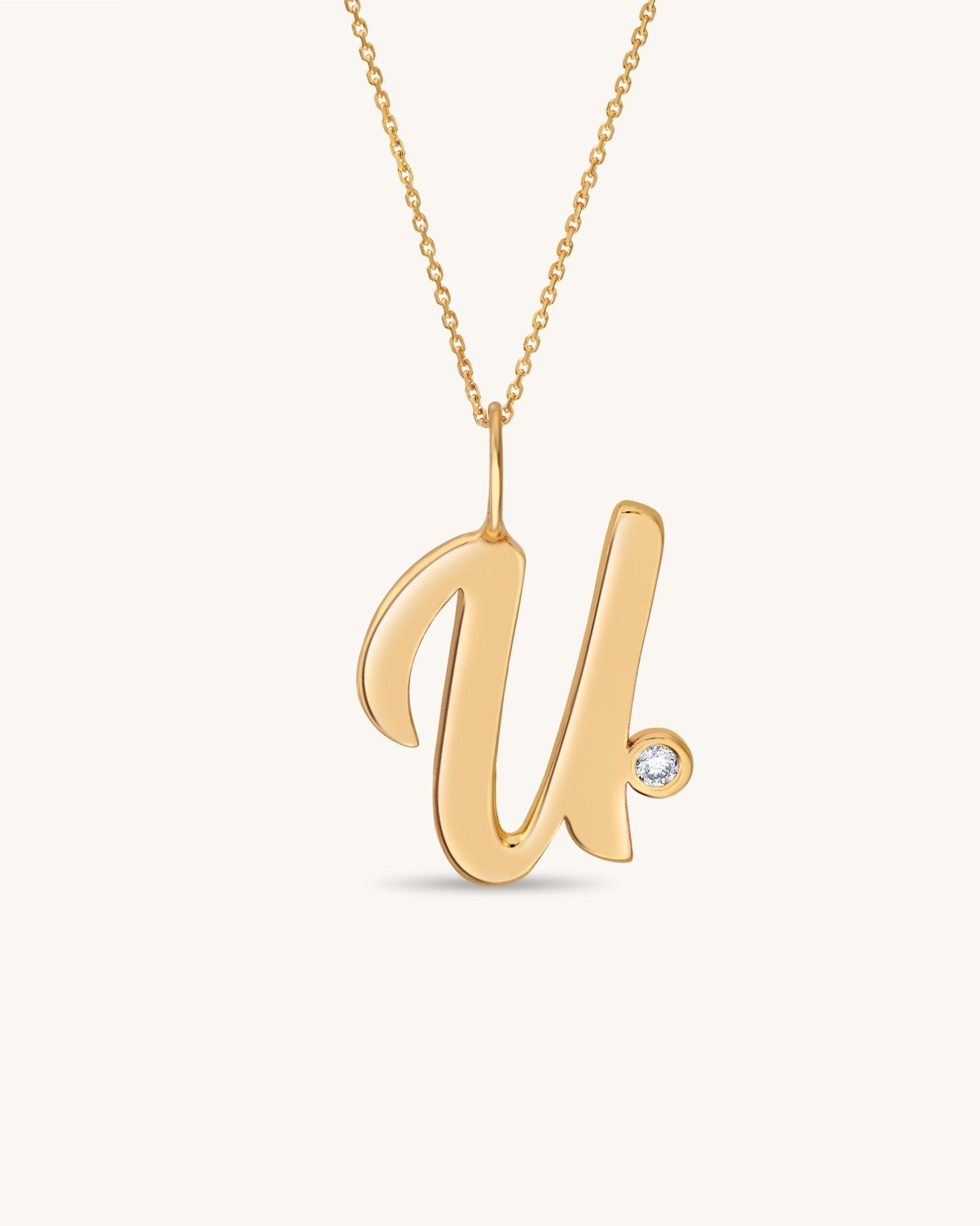Solid Gold Script Initial & Diamond Bezel Necklace - Sparkle Society