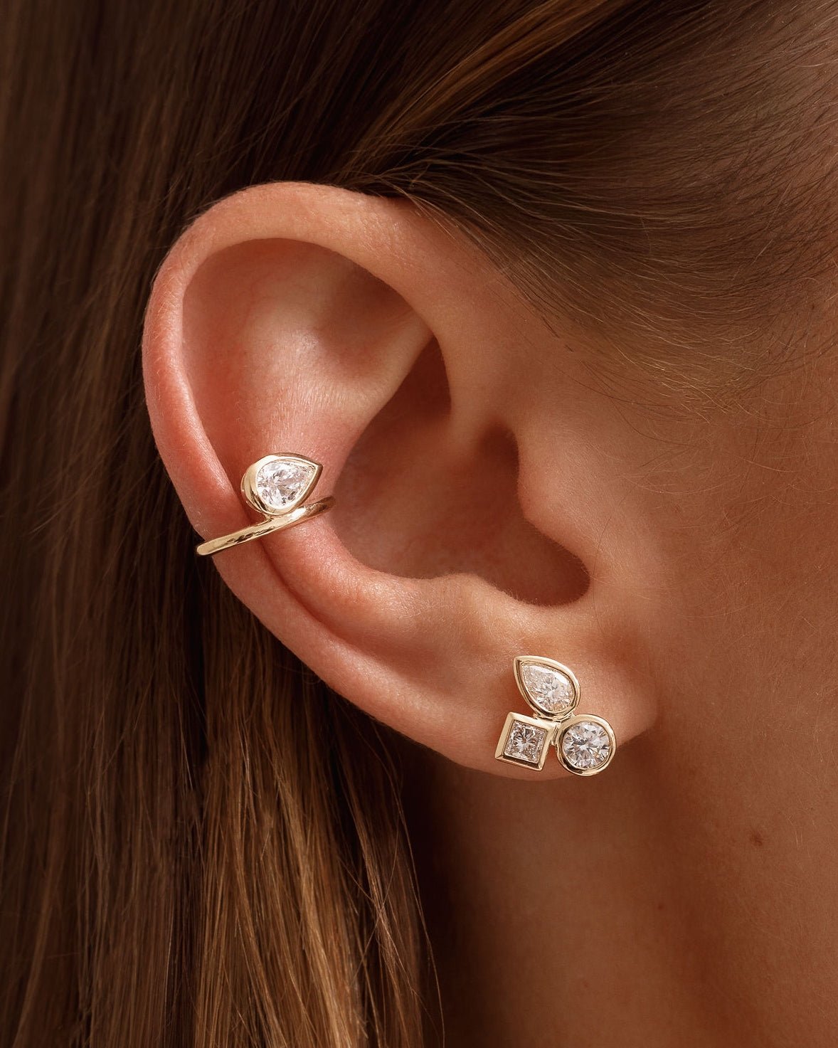 Triple Stone Multi Shape Diamond Bezel Studs - Sparkle Society