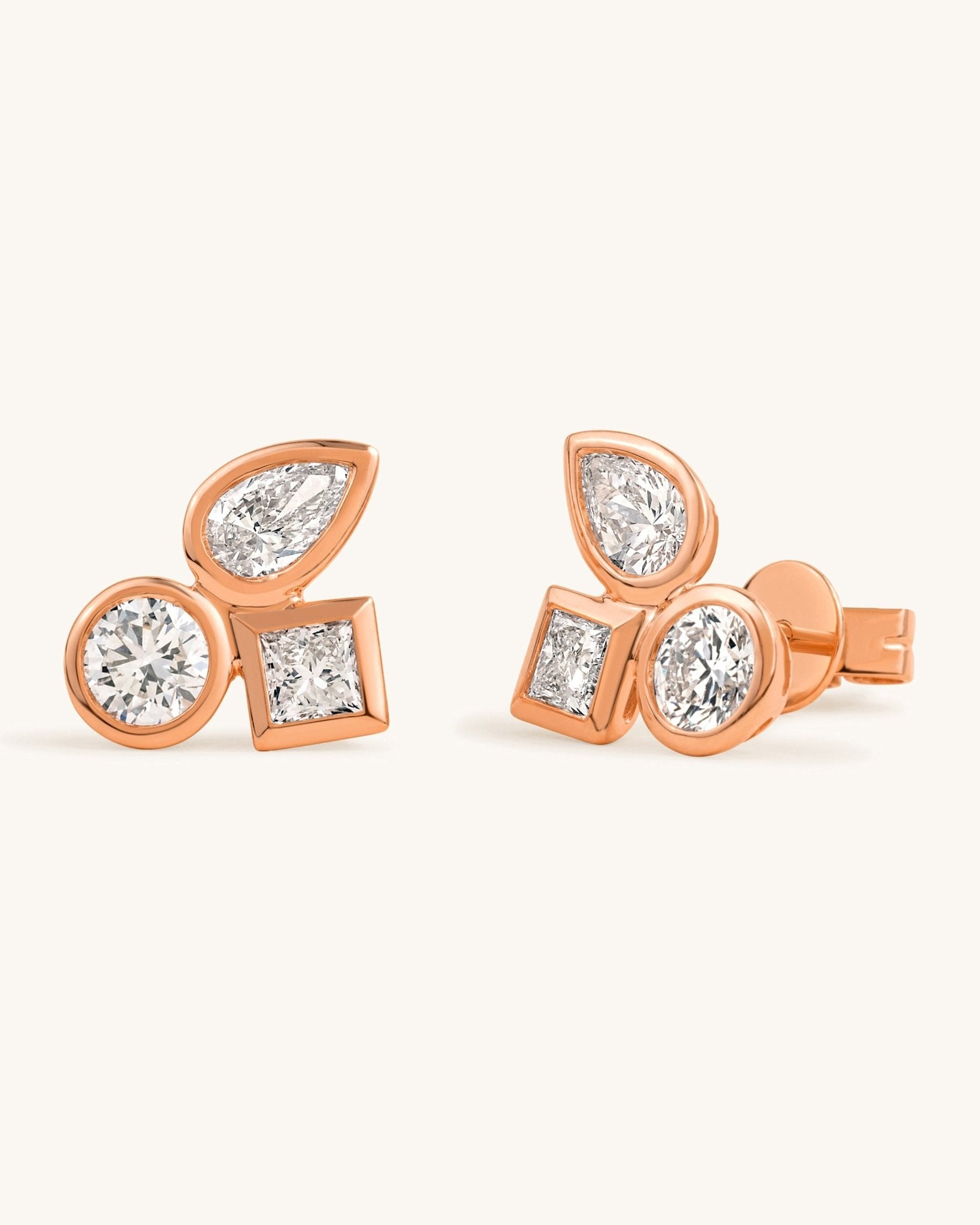 Triple Stone Multi Shape Diamond Bezel Studs - Sparkle Society