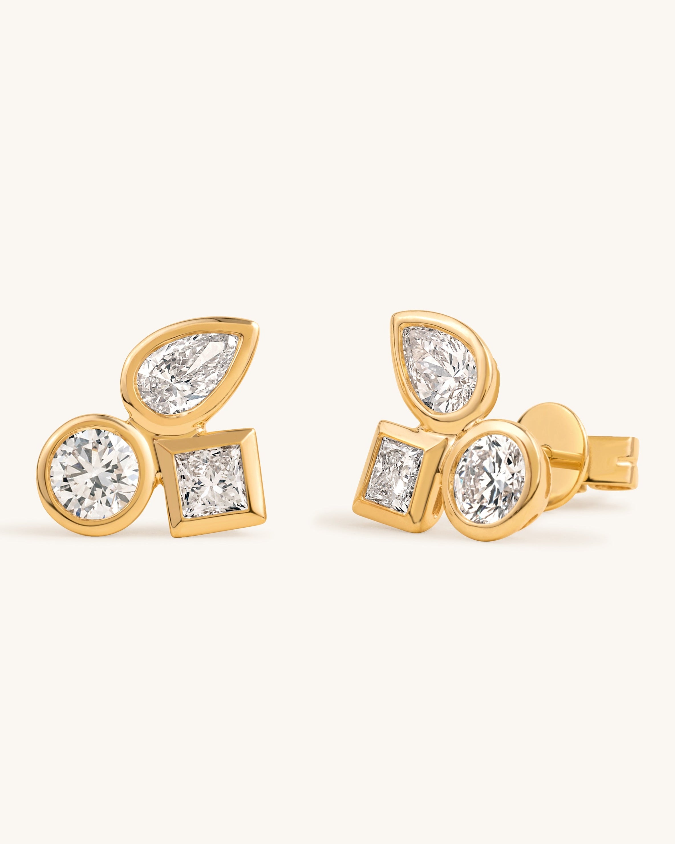 Triple Stone Multi Shape Diamond Bezel Studs - Sparkle Society