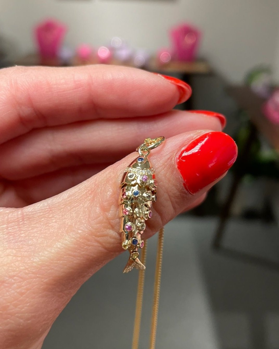 Multi Gemstone Gold Fish Necklace Charm - Sparkle Society