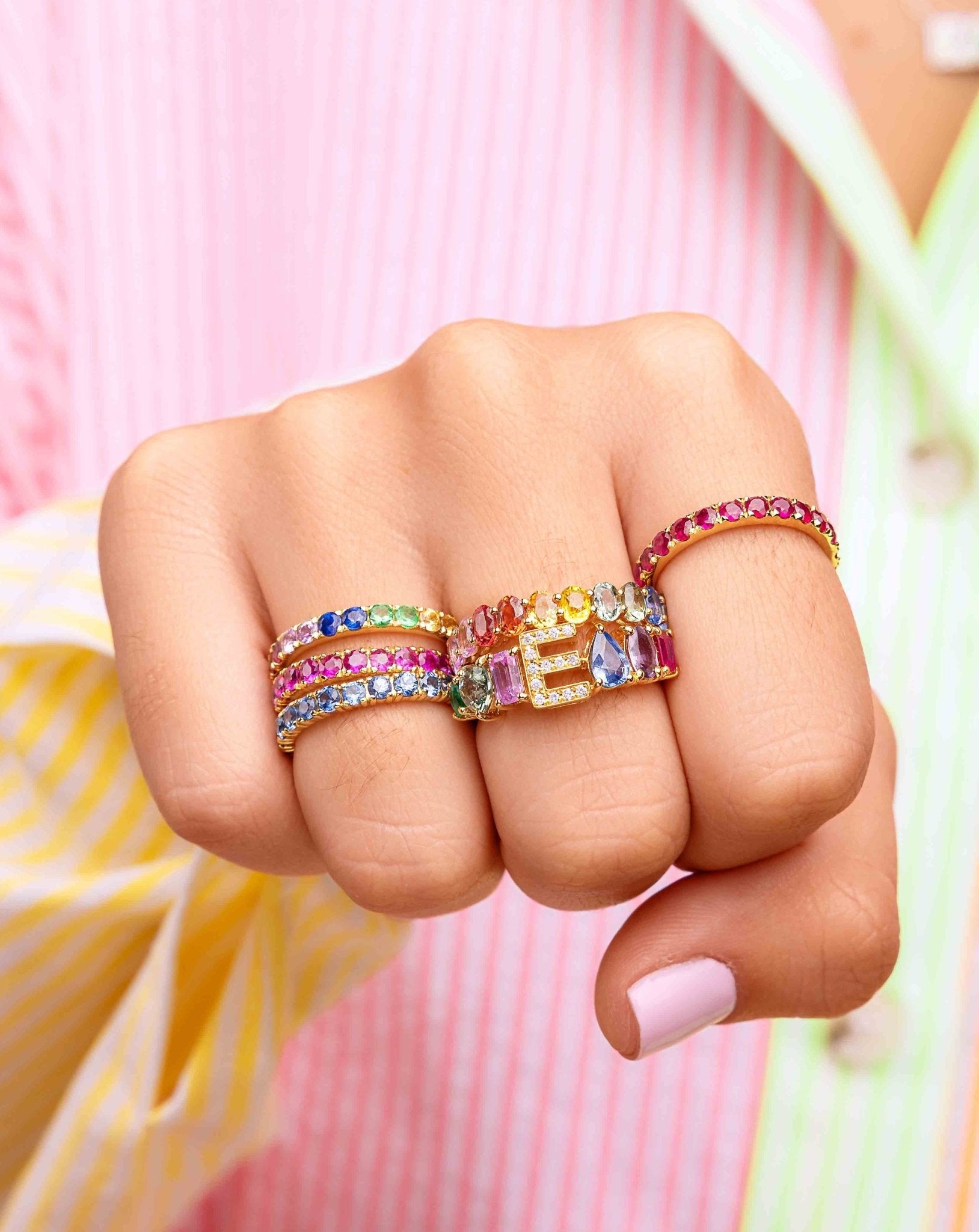 Multi Shape Gemstone Diamond Initial Ring - Sparkle Society