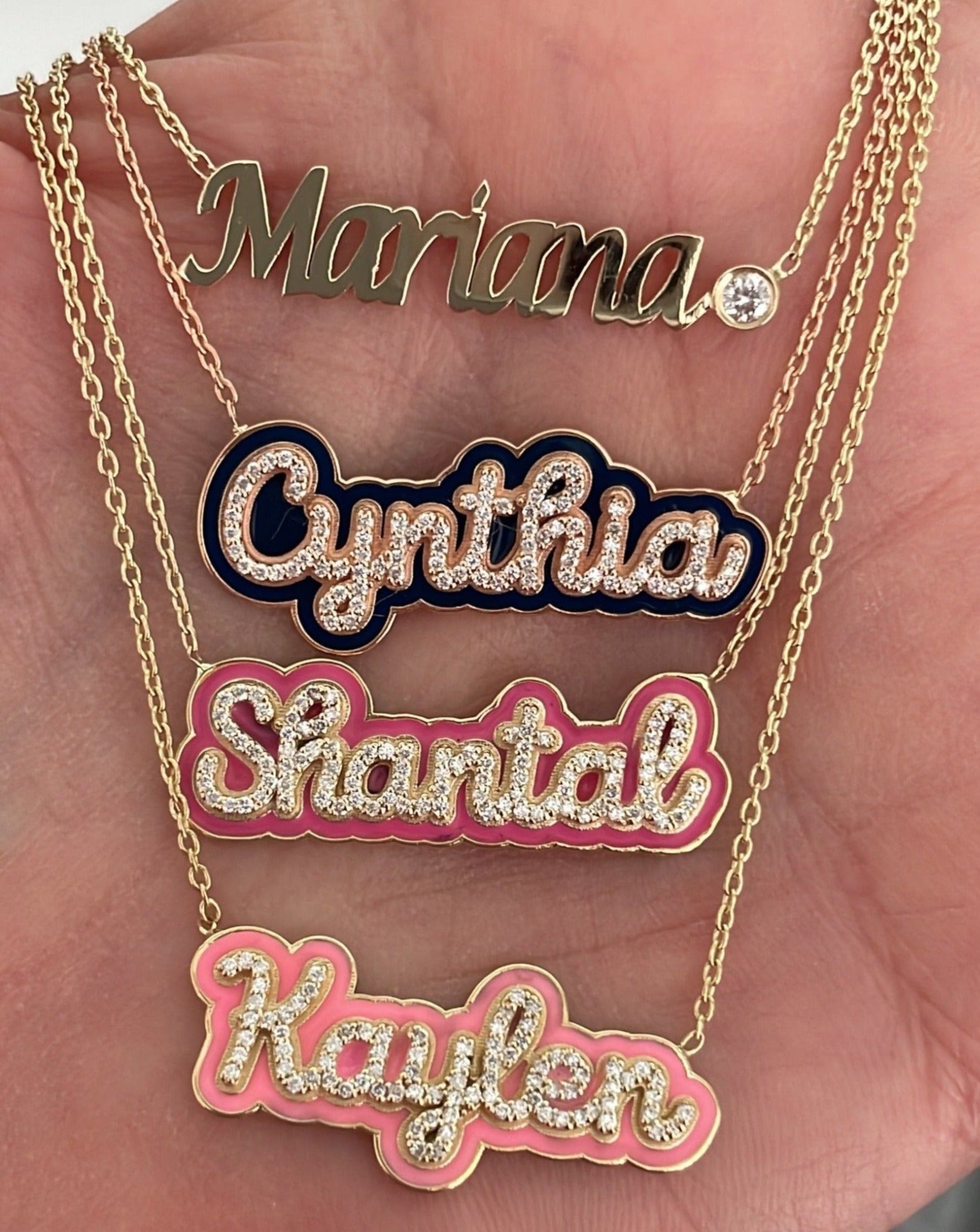 Solid Gold Script Name & Gemstone Bezel Necklace - Sparkle Society