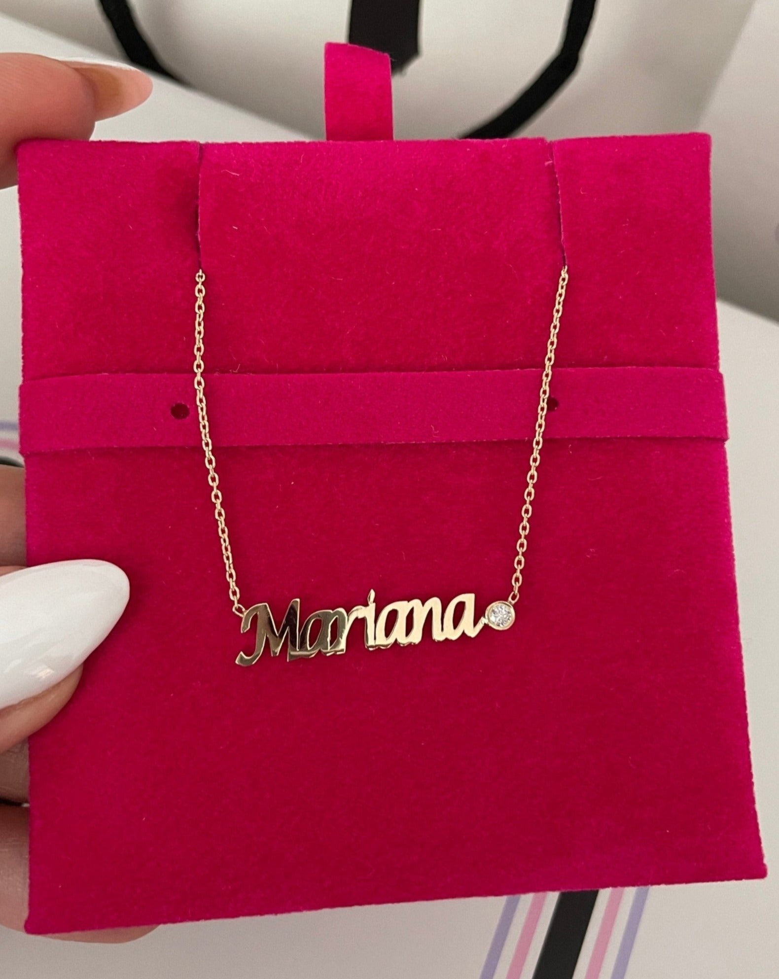 Solid Gold Script Name & Gemstone Bezel Necklace - Sparkle Society
