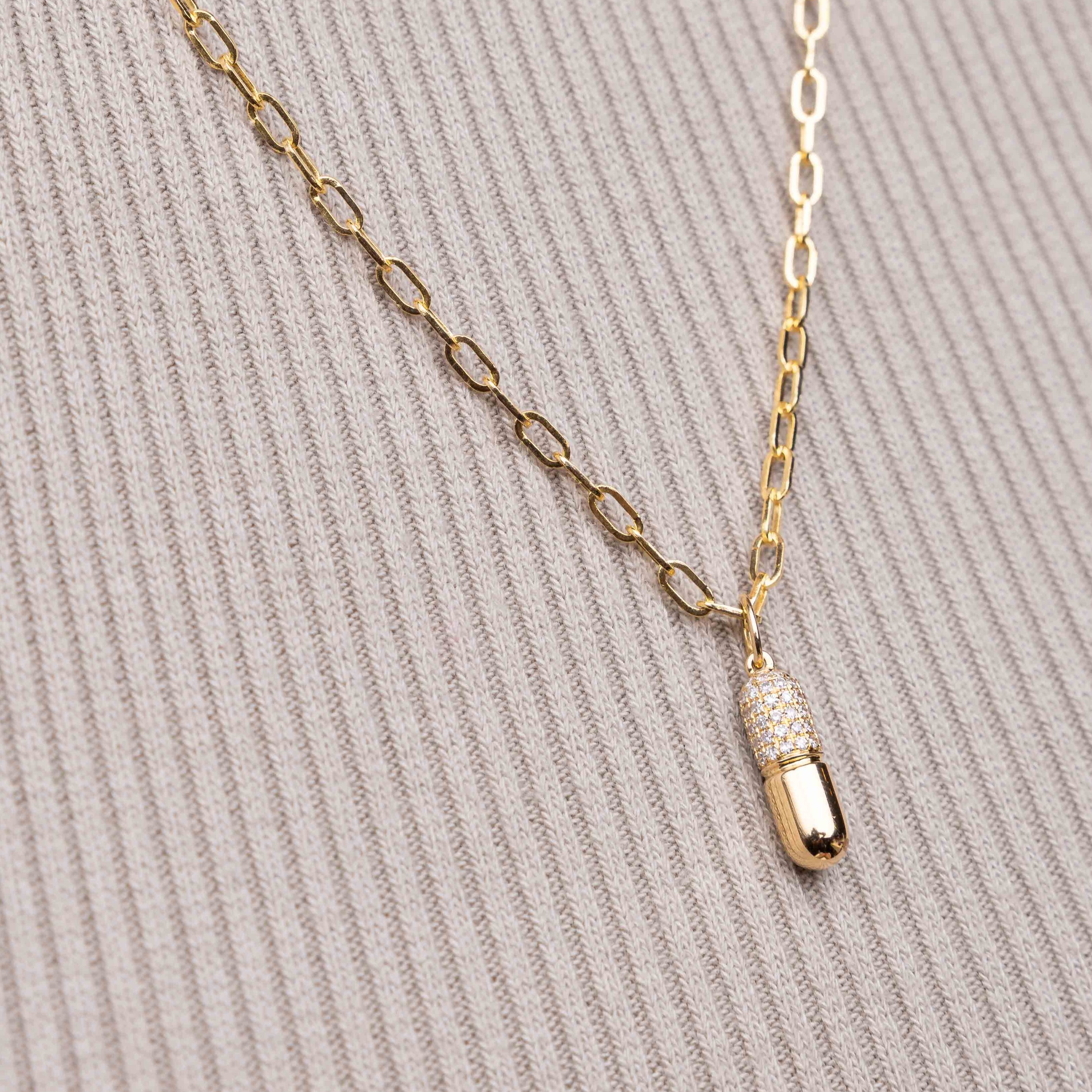 Diamond and Gold Pill Necklace Charm - Sparkle Society