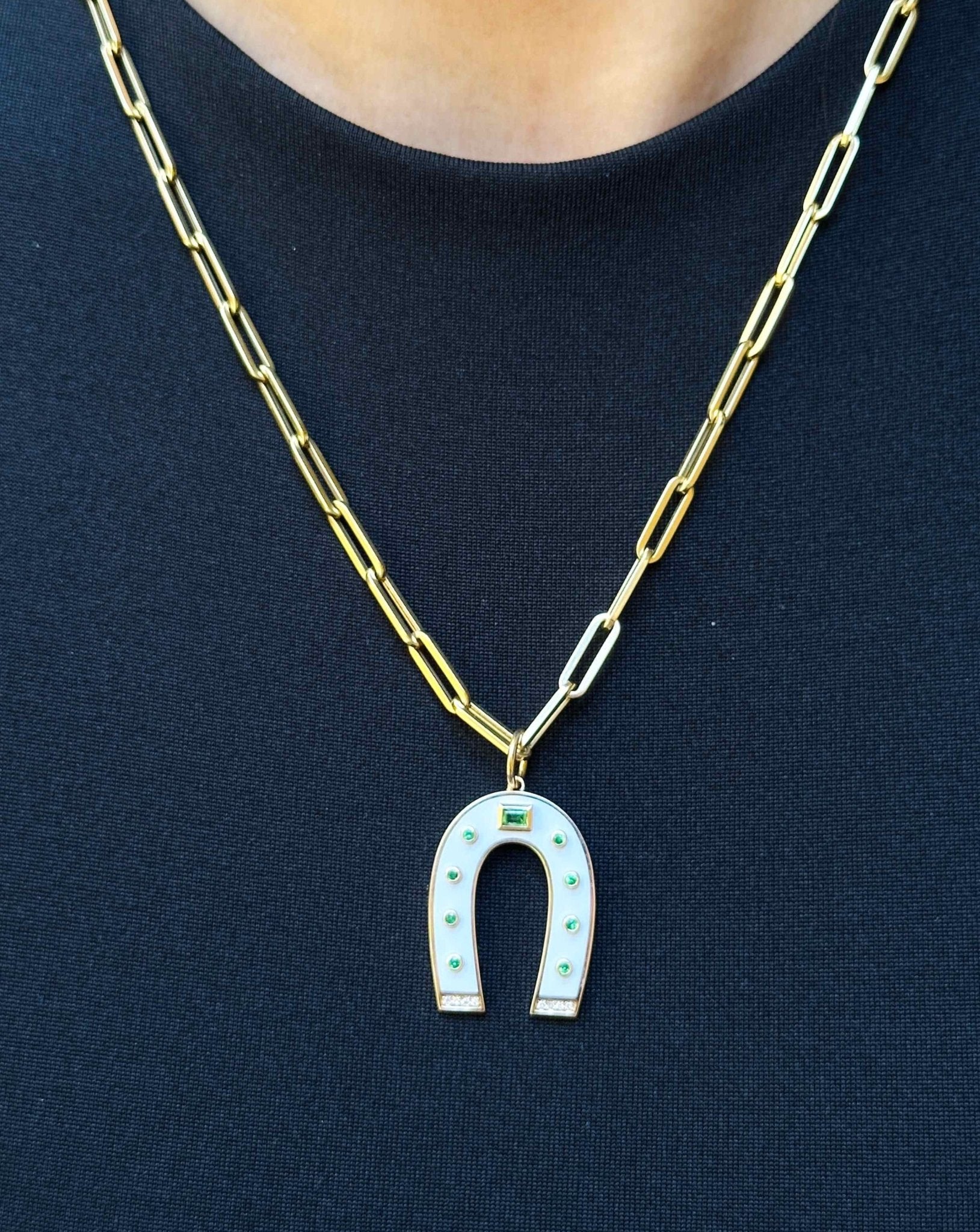 Enamel and Gemstone Horseshoe Necklace Charm - Sparkle Society