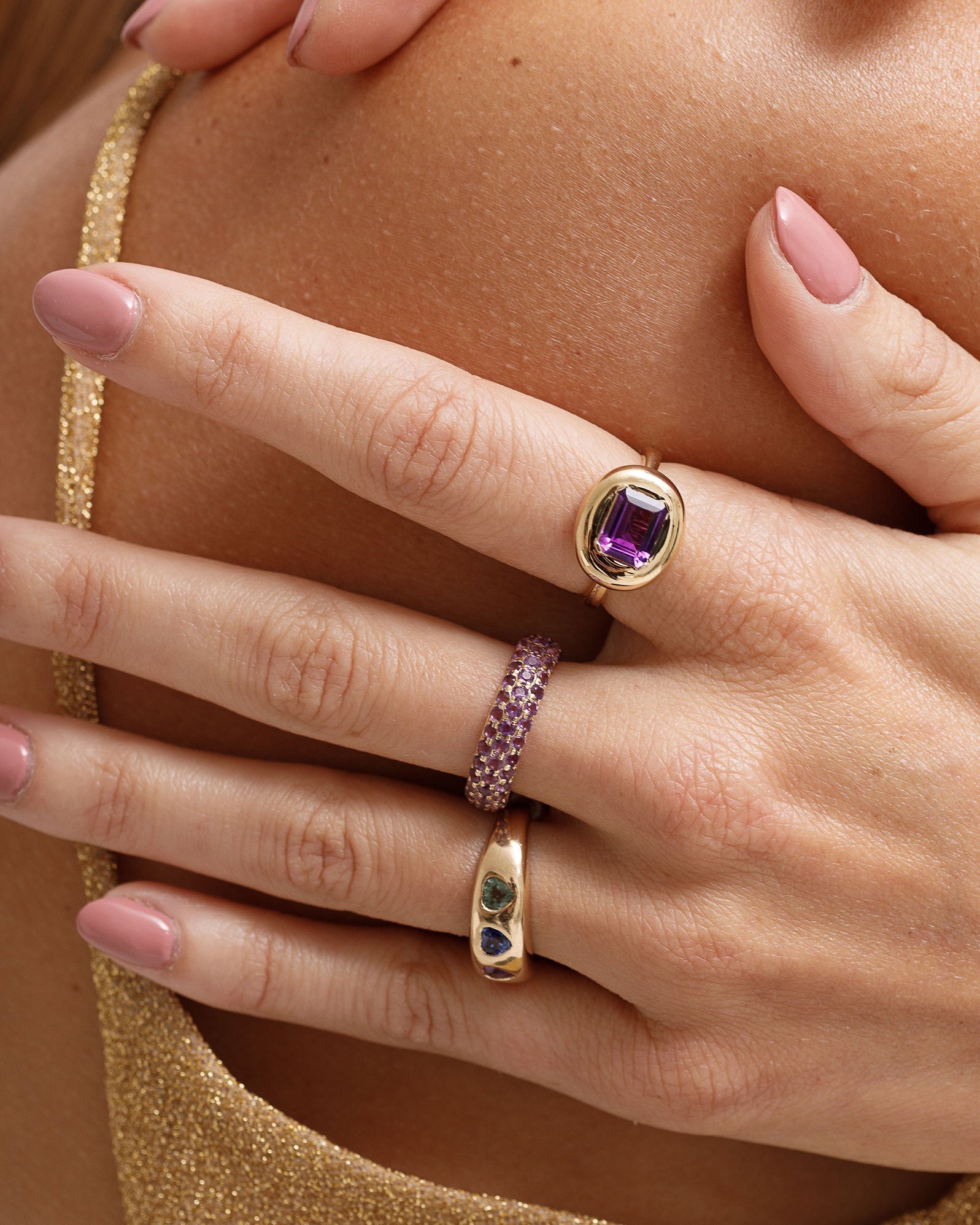 Gemstone Puffed Gold Dome Ring - Sparkle Society