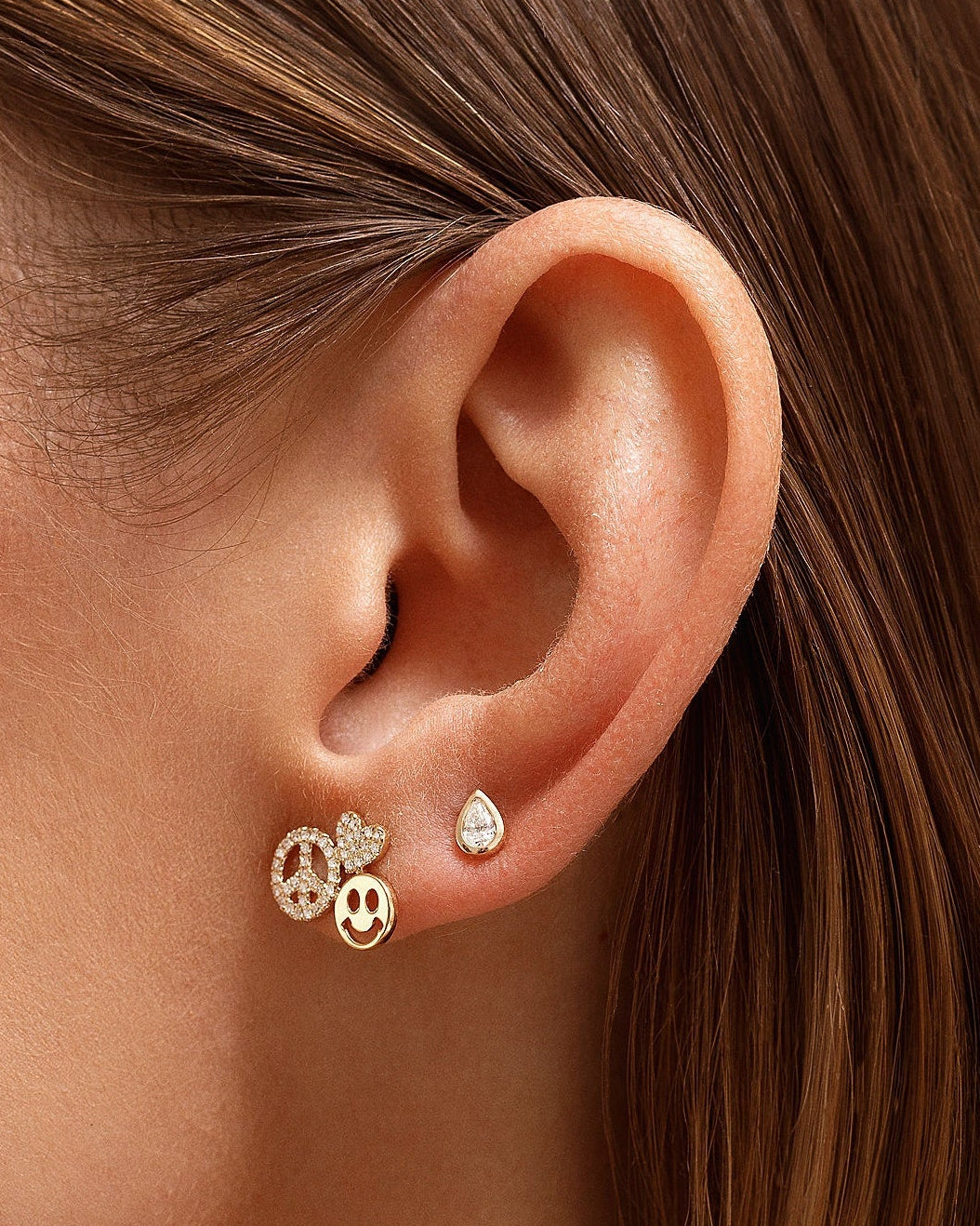 Gold And Diamond Heart Happy Peace Studs - Sparkle Society