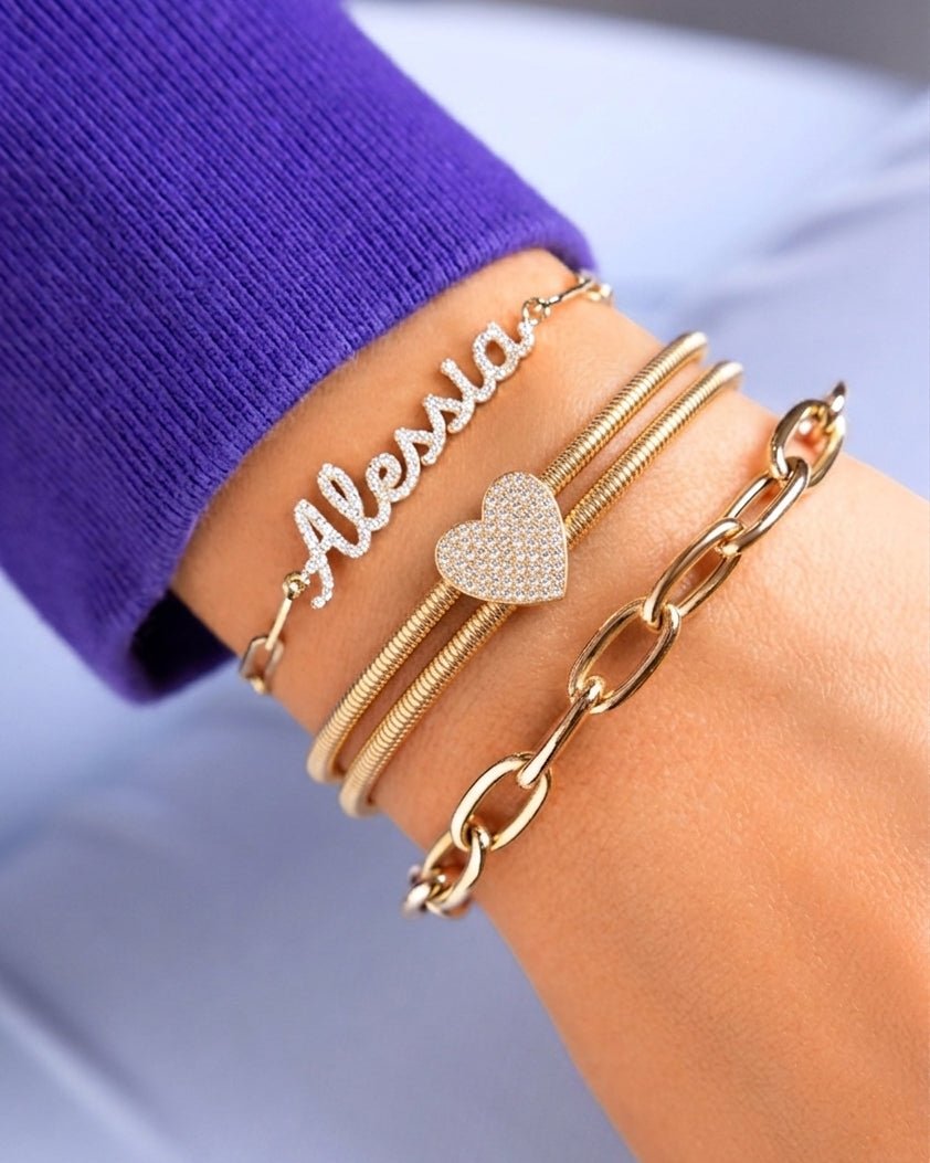 Gold and Diamond Heart Omega Bracelet - Sparkle Society