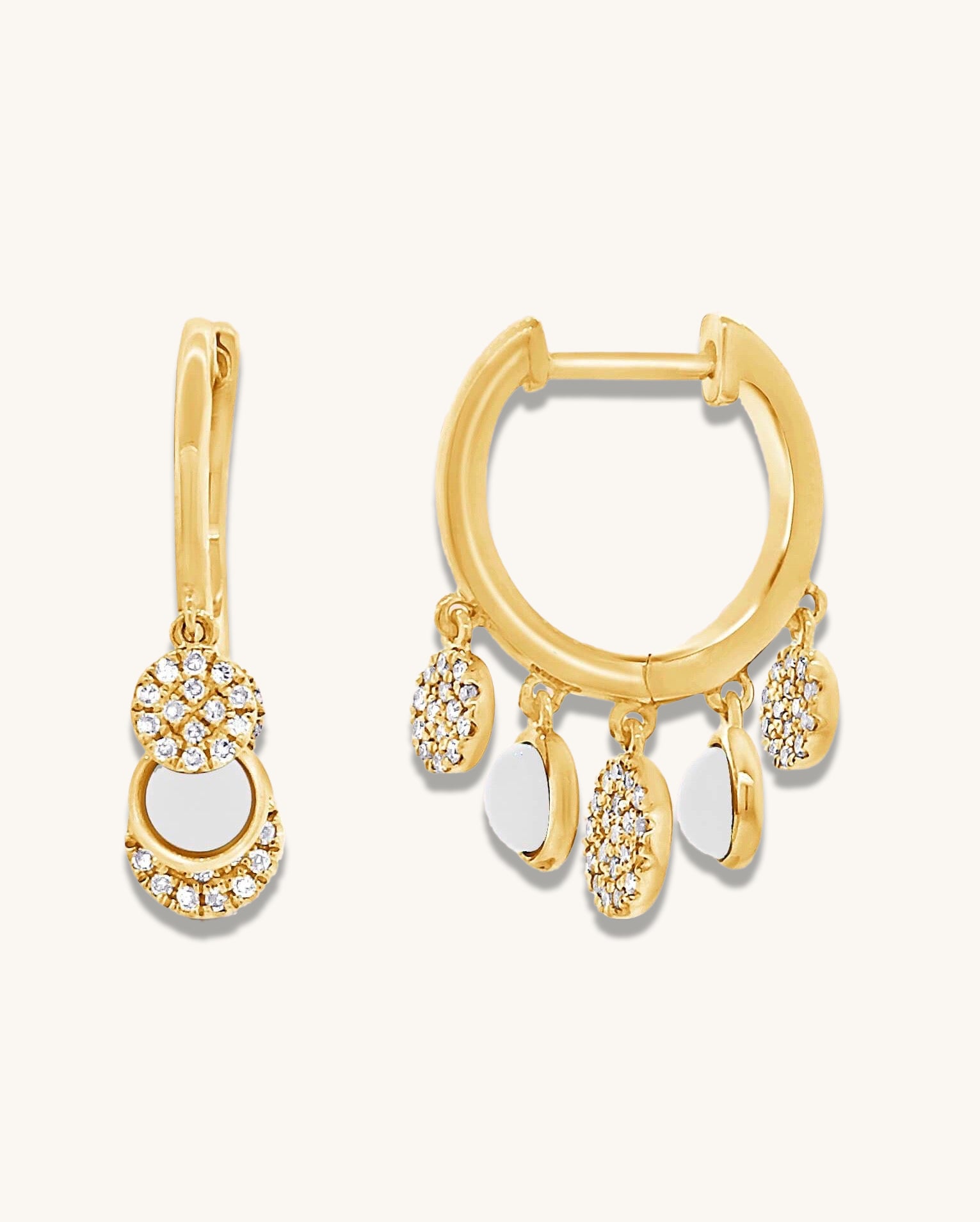 Pave Disc And Gemstone Dangling Huggies