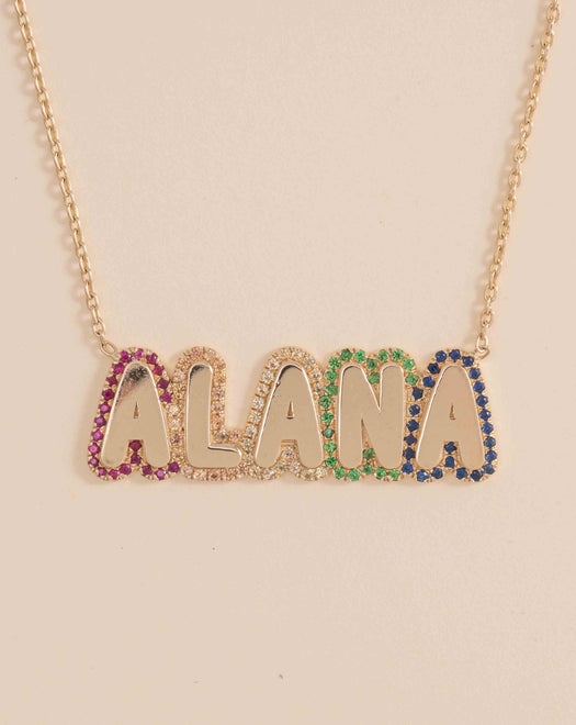 Rainbow Outline Bubble Font Name Necklace - Sparkle Society