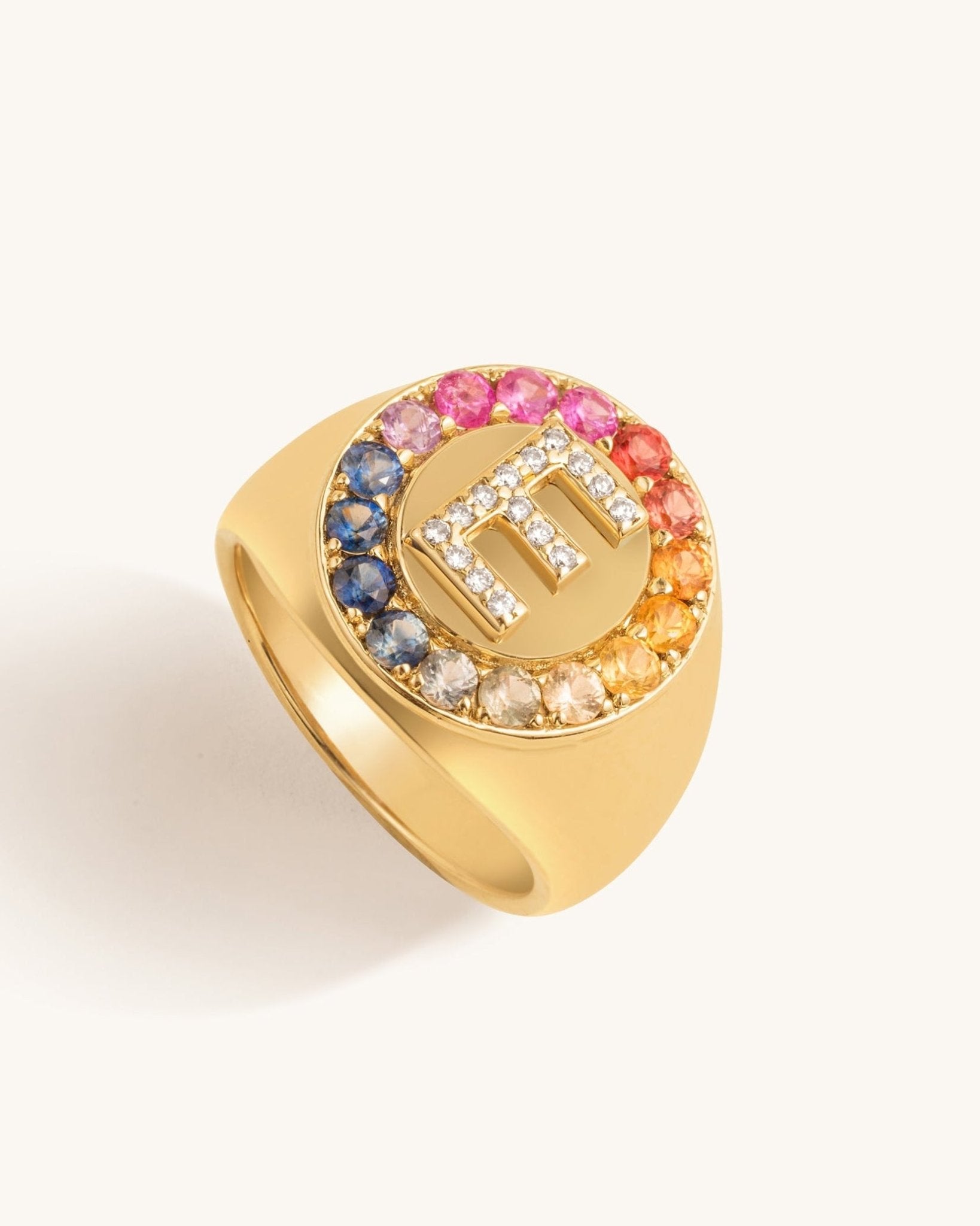 Rainbow Prong Diamond Initial Signet Ring - Sparkle Society