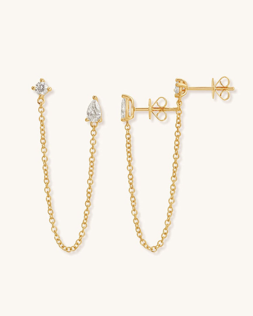 Round and Pear Diamond Prong Chain Drop Earrings - Sparkle Society