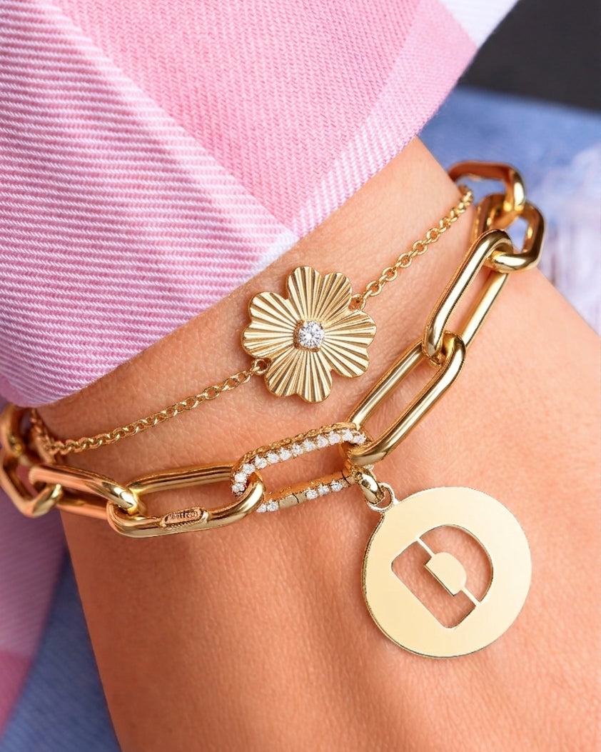 Single Diamond Gold Fluted Flower Bracelet - Sparkle Society