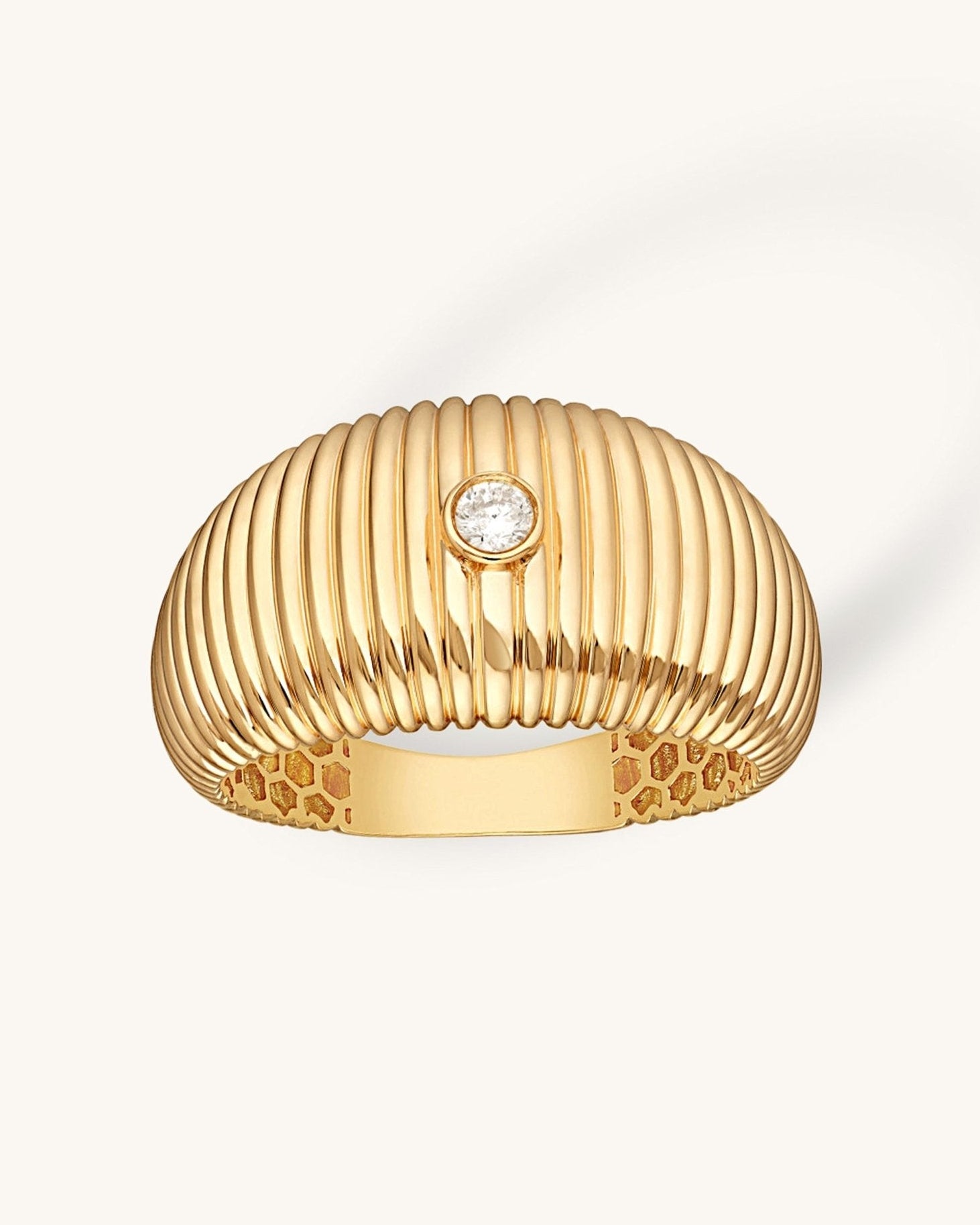 Single Diamond Gold Ribbed Dome Ring - Sparkle Society