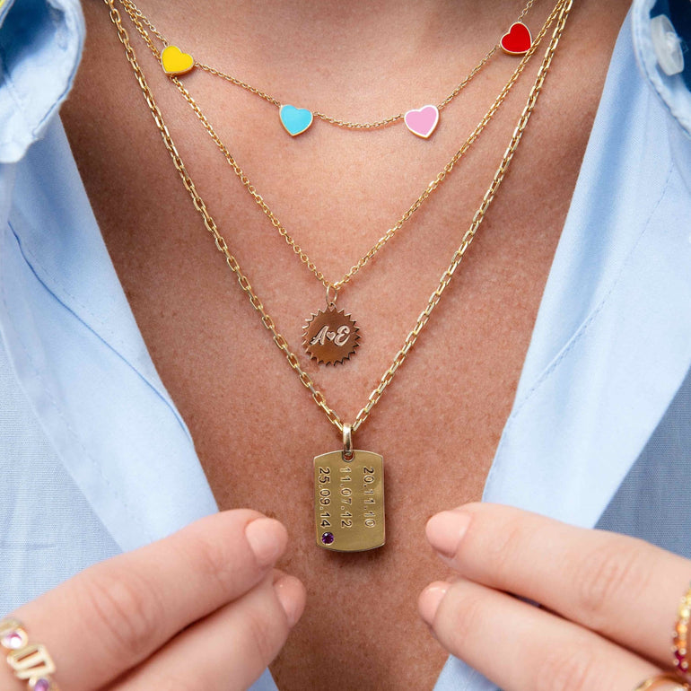 Engravable Solid Gold And Single Gemstone ID Tag Necklace Charm - Sparkle Society