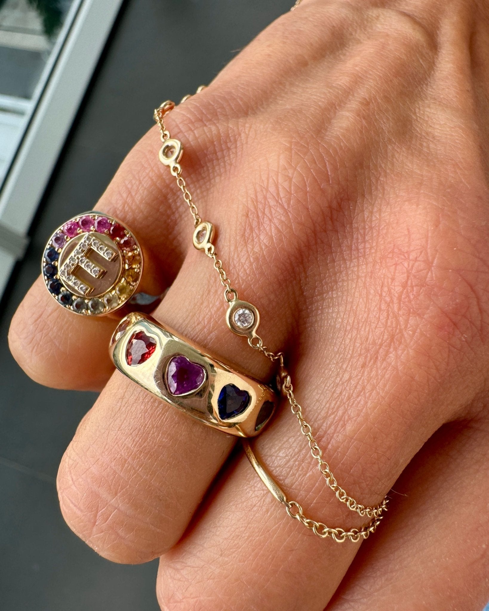 Solid Gold Rainbow Hearts Ring - Sparkle Society