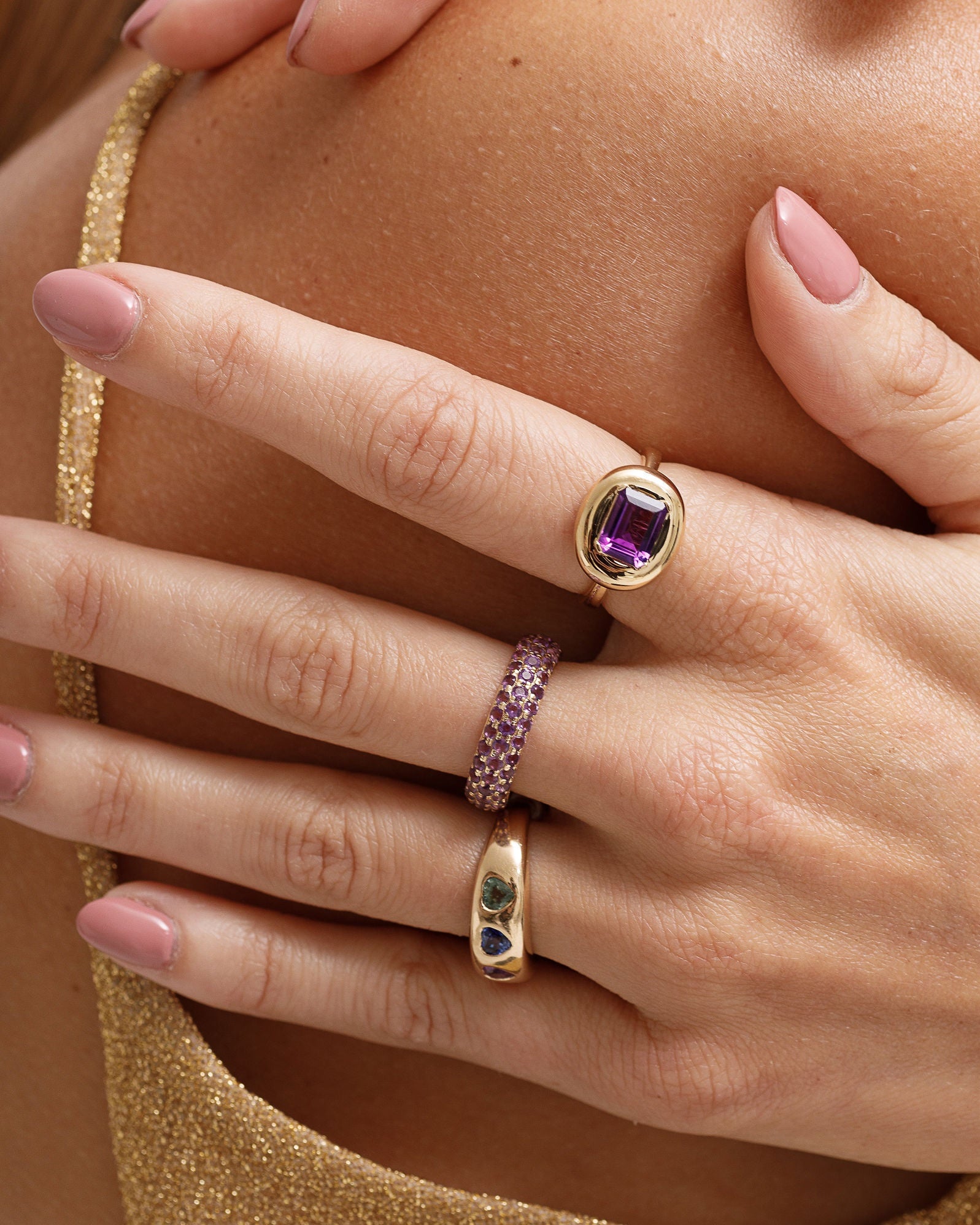 Solid Gold Rainbow Hearts Ring - Sparkle Society