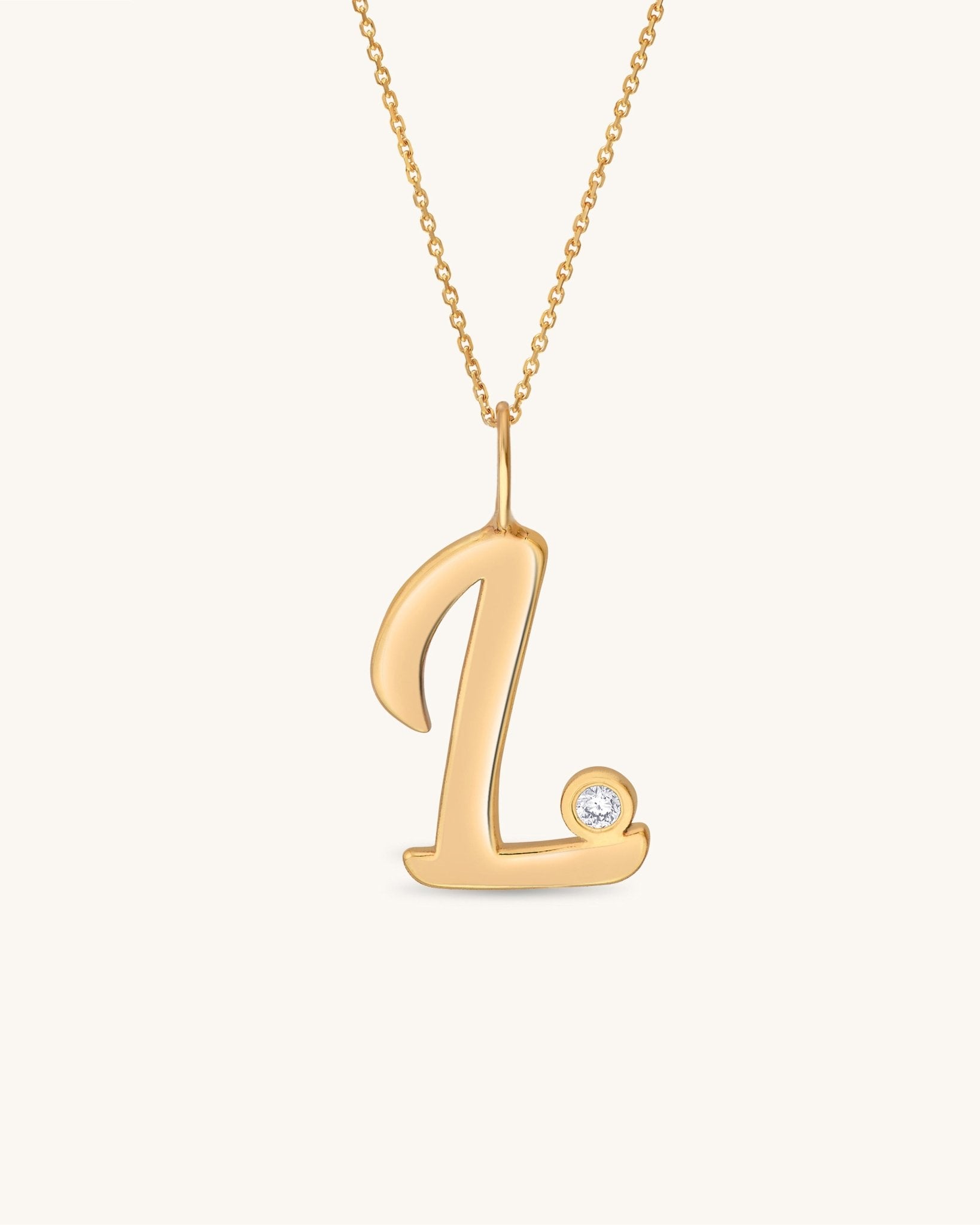 Solid Gold Script Initial & Diamond Bezel Necklace - Sparkle Society
