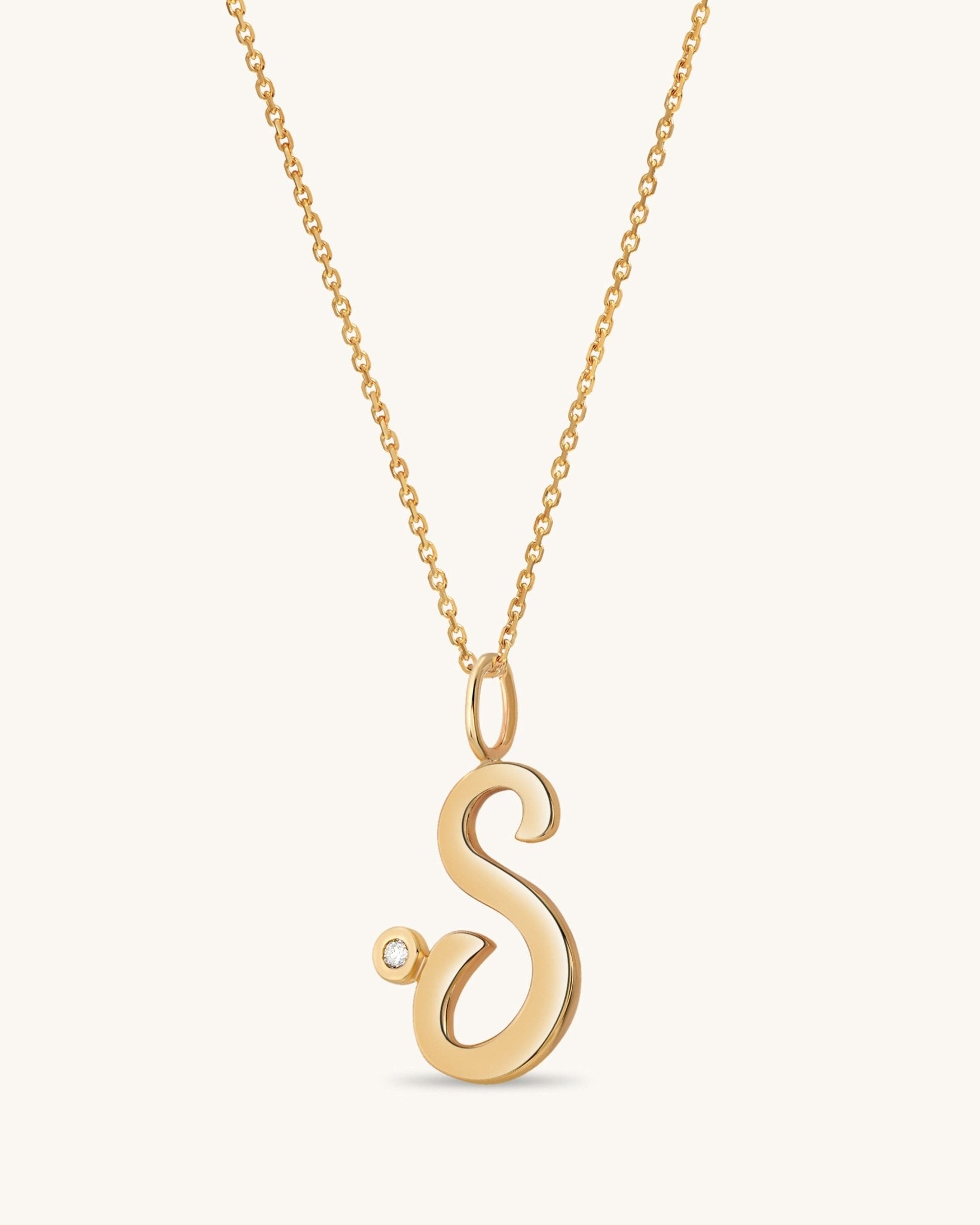 Solid Gold Script Initial & Diamond Bezel Necklace - Sparkle Society