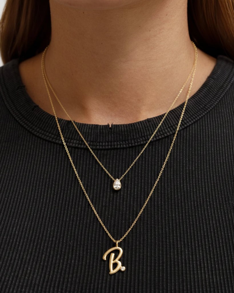 Solid Gold Script Initial & Diamond Bezel Necklace - Sparkle Society