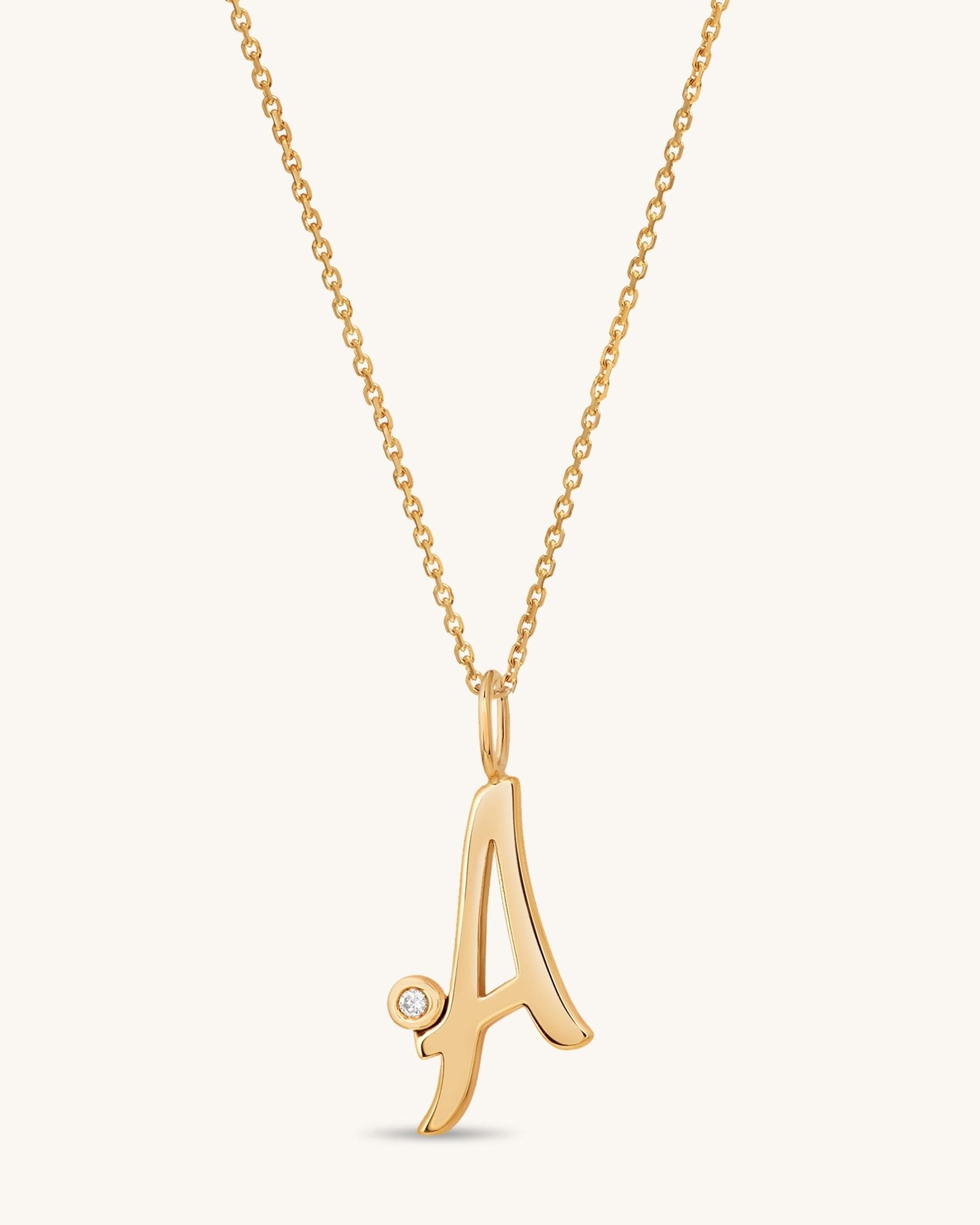 Solid Gold Script Initial & Diamond Bezel Necklace - Sparkle Society