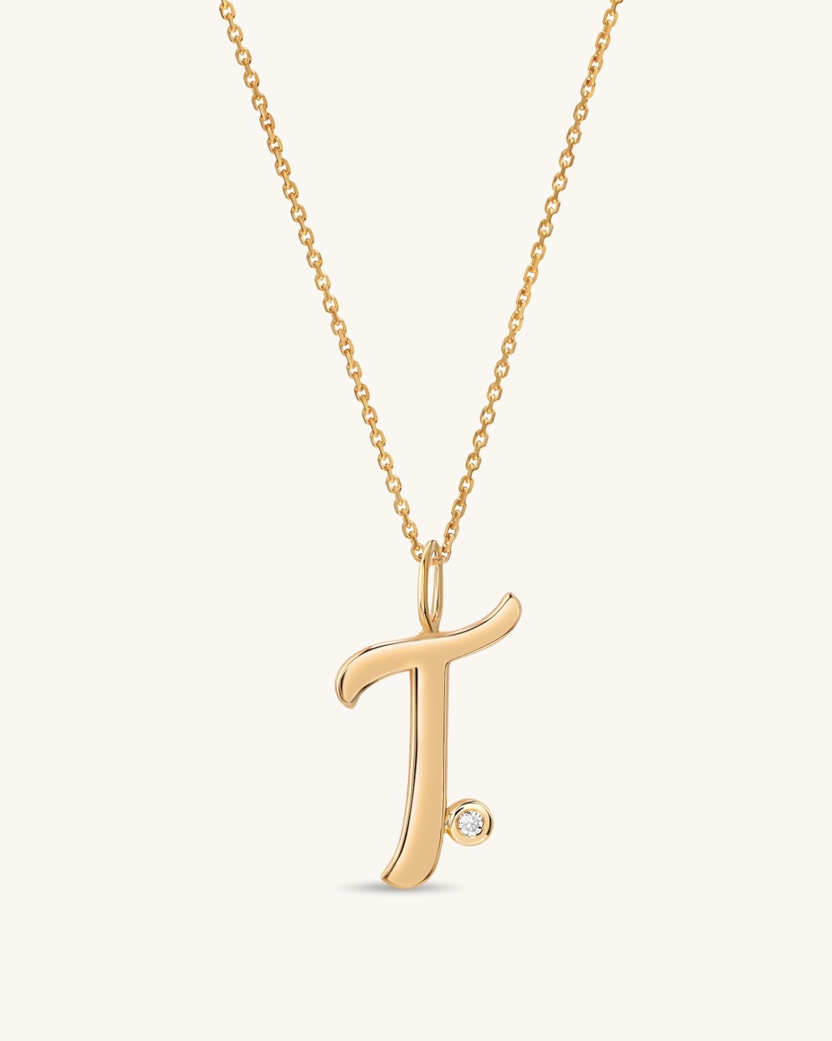 Solid Gold Script Initial & Diamond Bezel Necklace - Sparkle Society